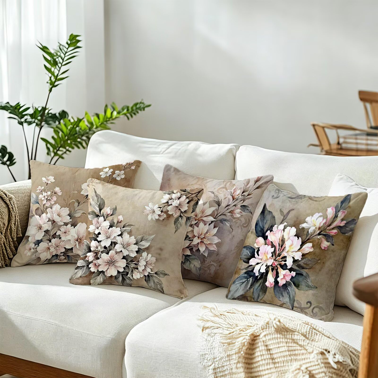 Rosa Federe Cuscini Divano 50x50cm, Cuscini da Esterno Set de 4, Cod-121 | Velour Copricuscini Decorativi Letto Arredo, per Letto, Soggiorno, Giardino, Esterno, Casa Decorazione Set di 4 Pianta