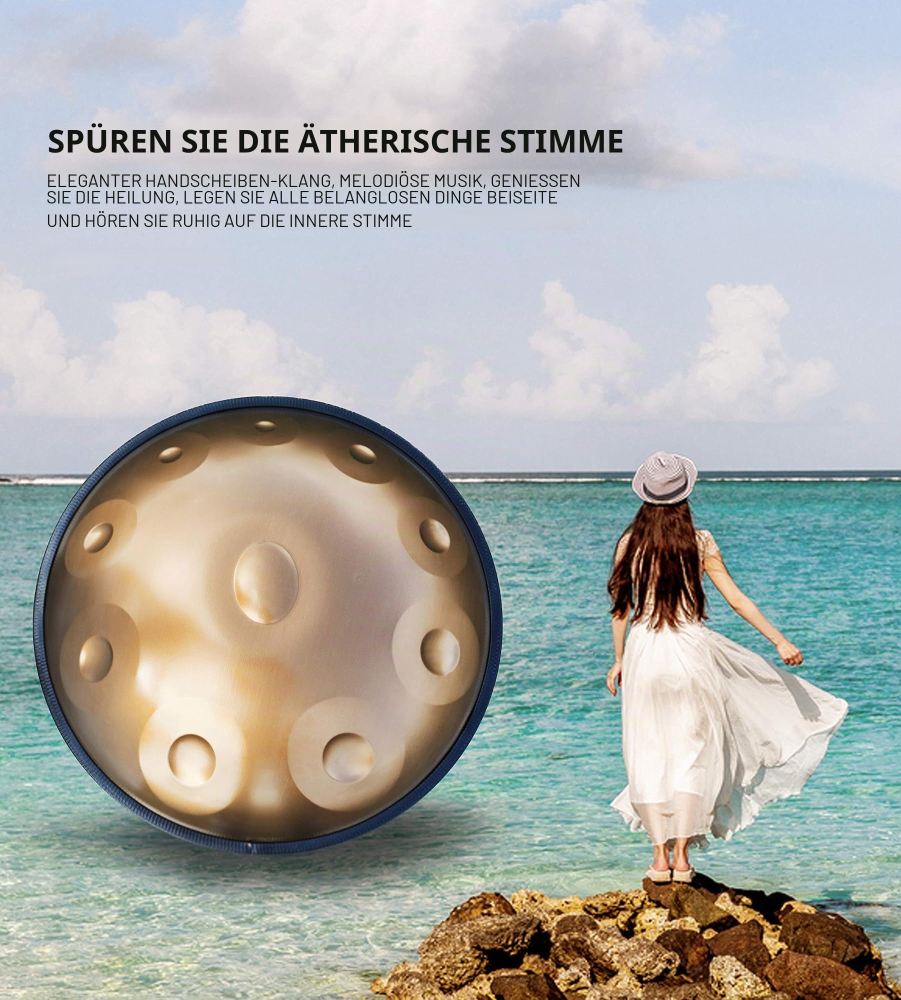 Handpan-Trommel, 55,9 cm, D-Moll, 10 Noten, 440 Hz, für Erwachsene, Stahl, goldfarben, mit Zubehör