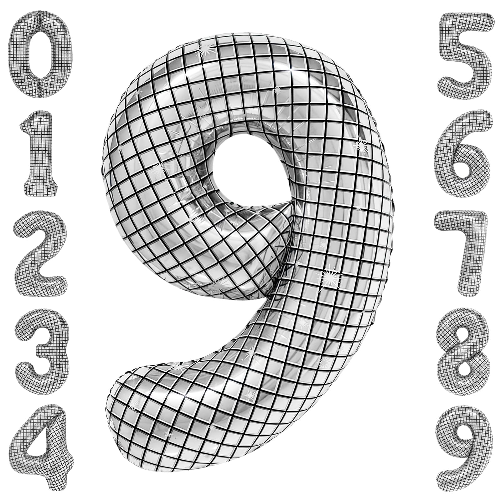 40 Inch Disco Number Balloons Large Silver Ball Print for New Years Eve 70s Birthday Party Supplies Decorations Number 9