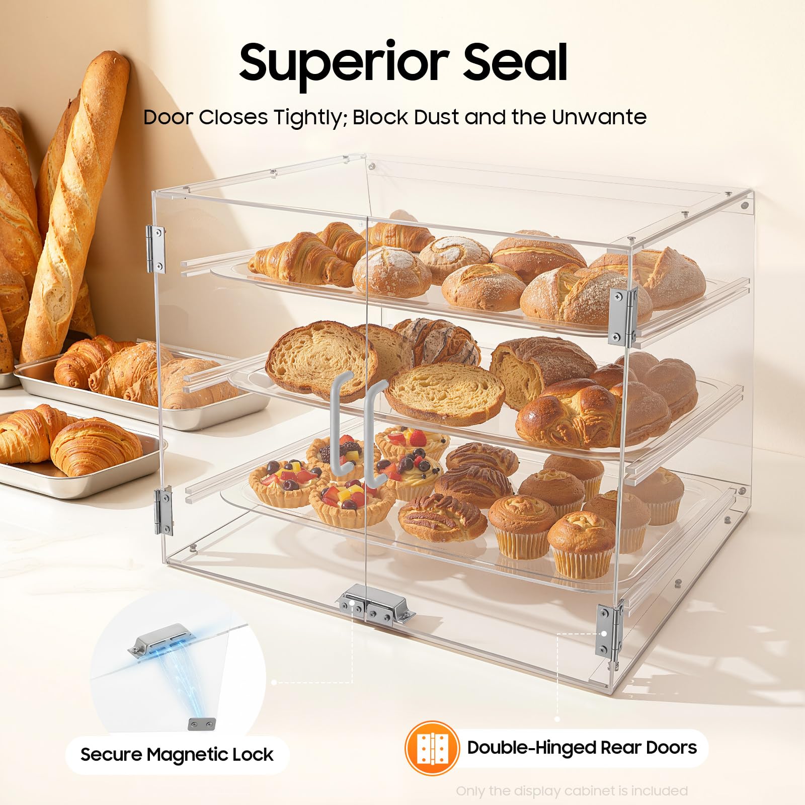 Vitrina de 3 pisos con puerta magnética, 54 x 44 x 42 cm, con capacidad de carga de 5 kg por nivel, caja de almacenamiento de acrílico extraíble para panadería, cafetería, protector contra el polvo
