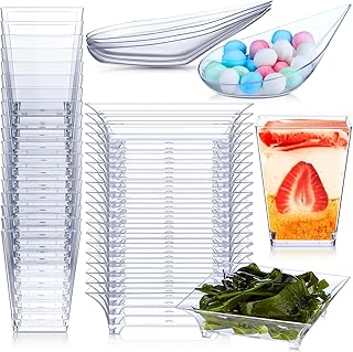 50 Pcs 2.5 In Mini Appetizer Plates, 50 Tear Drop Spoons, 50 Pcs 5.6 oz Dessert Cups Clear Square Disposable Dessert Plates Asian Soup Spoons Plastic Parfait Appetizer Cup for Wedding Serving Catering