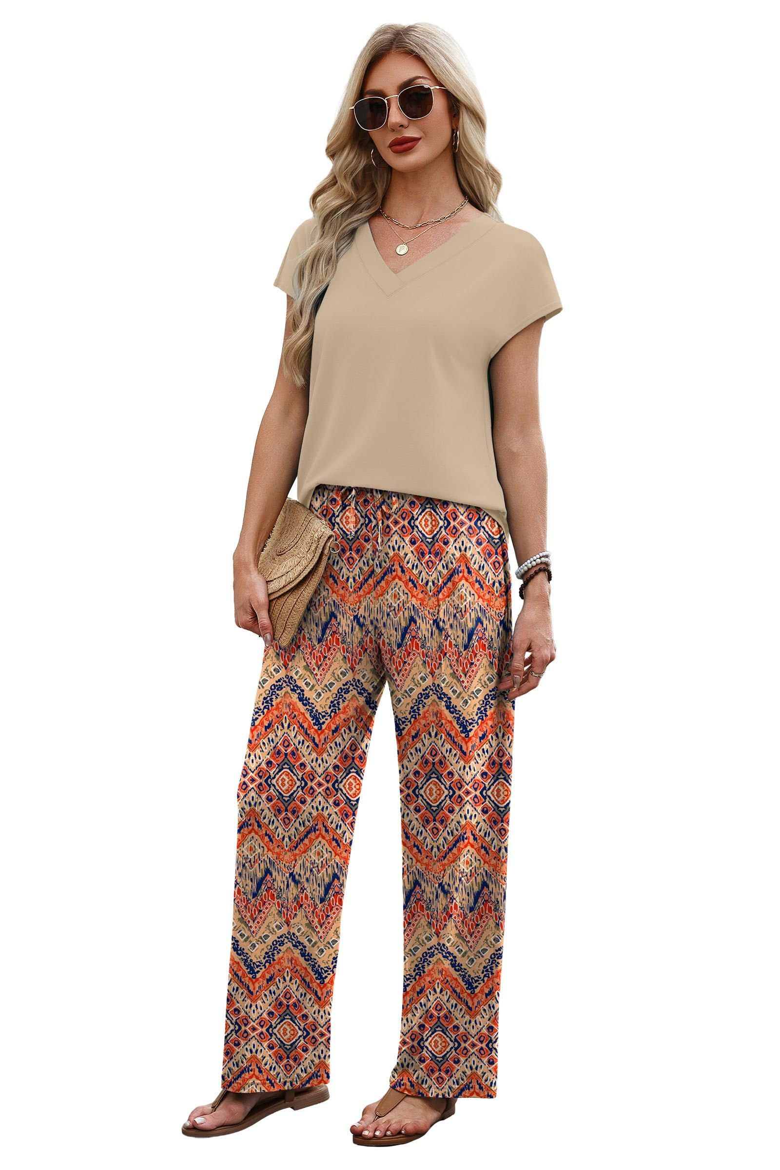 XIEERDUO Women's 2 Piece Sets Summer Beach Vacation Cruise Travel Outfits Printed Wide Leg Pant V Neck Cap Sleeve Tops — view 5
