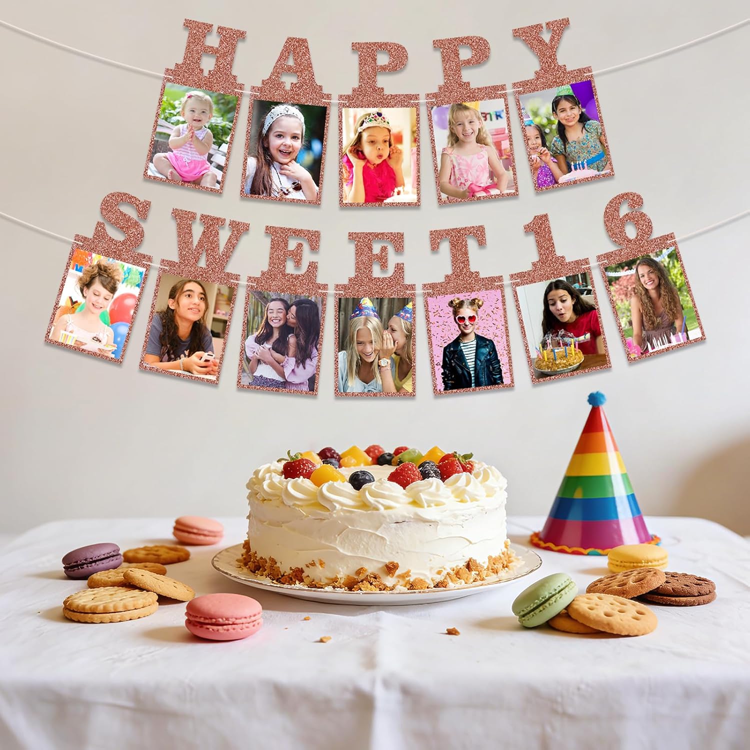 Pre-Strung Happy Sweet 16 Photo Banner Birthday Decorations for Girls Women- Rose Gold Glitter 16th Birthday Banner Sweet 16 Party Decorations Party Supplies