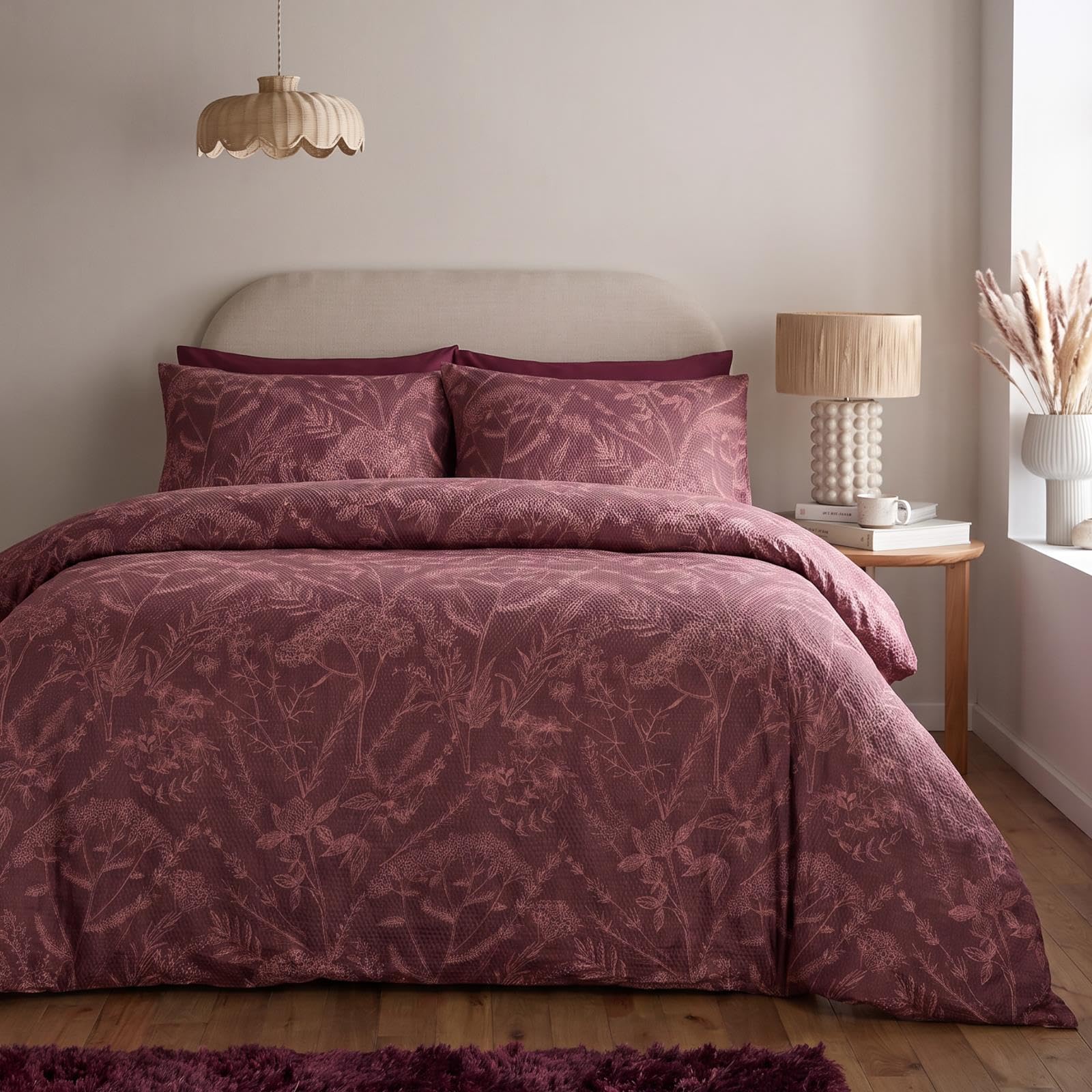 OHS Embossed Fine Floral Bedding Double Duvet Set Quilt Cover, Burgundy