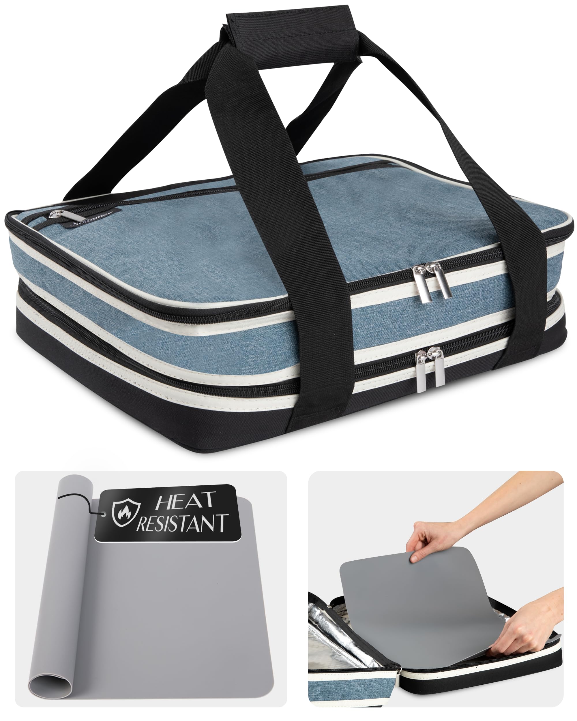Insulated Casserole Carrier & Insulated Food Carrier – Sturdy Casserole Dish Carrier for 9”x13” or 11”x15” Baking Dishes – Cold & Hot Bag For Food – Insulated Food Bag [Denim Blue]