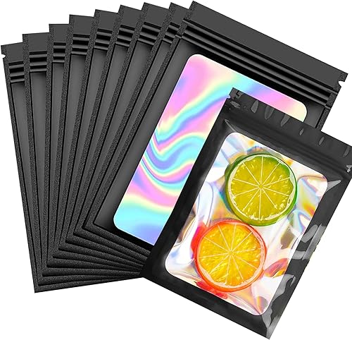 Miniatura 1 de 100 bolsas a prueba de olores, bolsas holográficas de almacenamiento con ventana transparente para almacenamiento de alimentos (color negro, 4.1 x 6