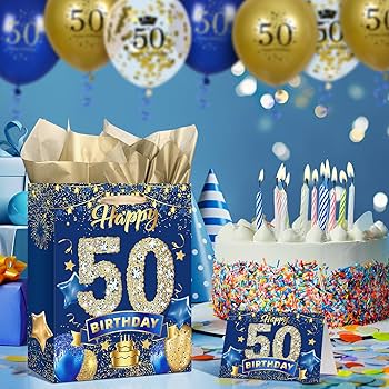Amazon | ネイビーブルーゴールド 50歳ギフトバッグセット Happy
