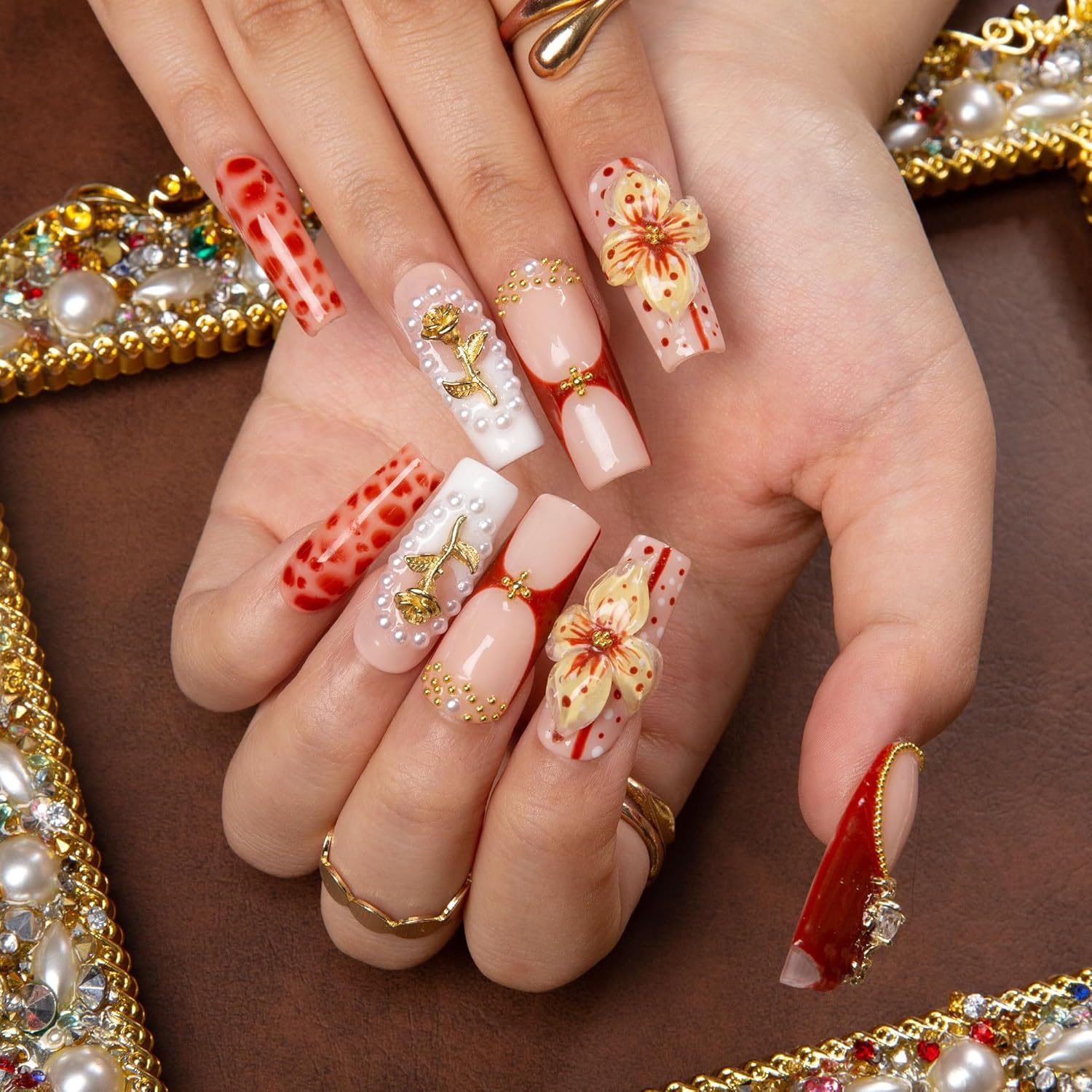 LOVFUL Press on Nails Vintage Boho Chic | Handmade with Full Covered Crystals | Reusable Full Cover Nails | Square Classic Regular 1.3 in | H365-M