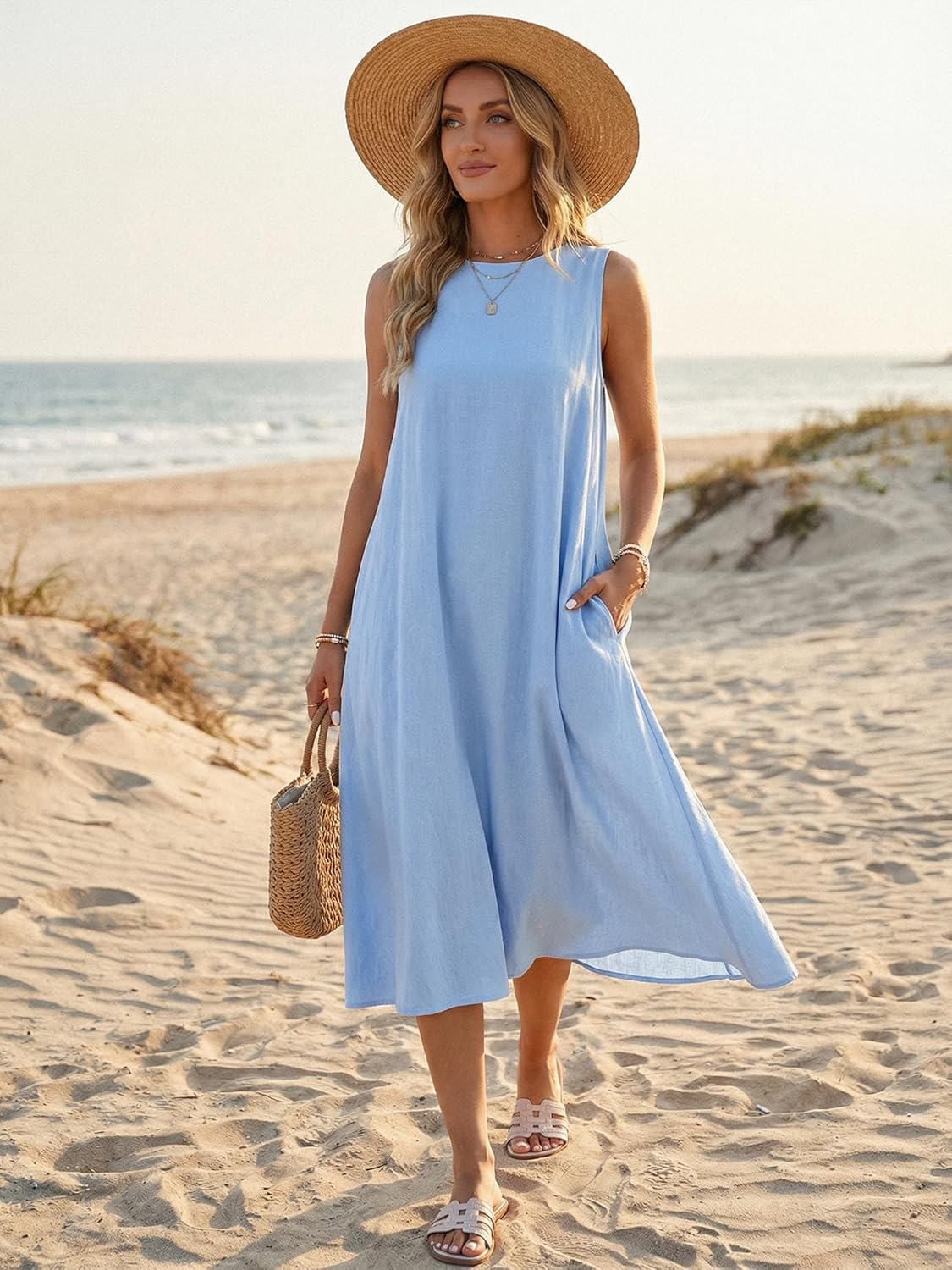 Seta T Women's Linen Dresses Crewneck Loose Fit Shift Sleeveless Sundresses Casual Tank Dress with Pockets - Image 2