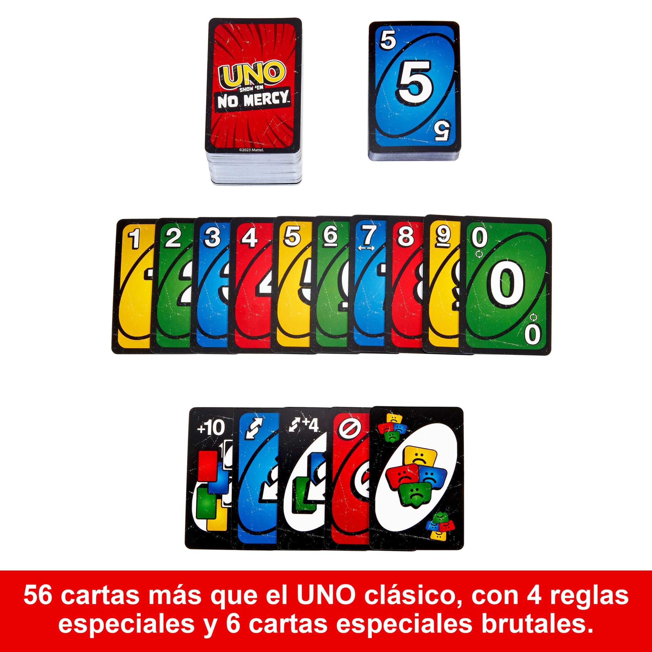 Mattel Games Juego de cartas UNO No Mercy Juego de mesa familiar con cartas nuevas, reglas especiales y penalizaciones más despiadadas, +7 años (HWV18)