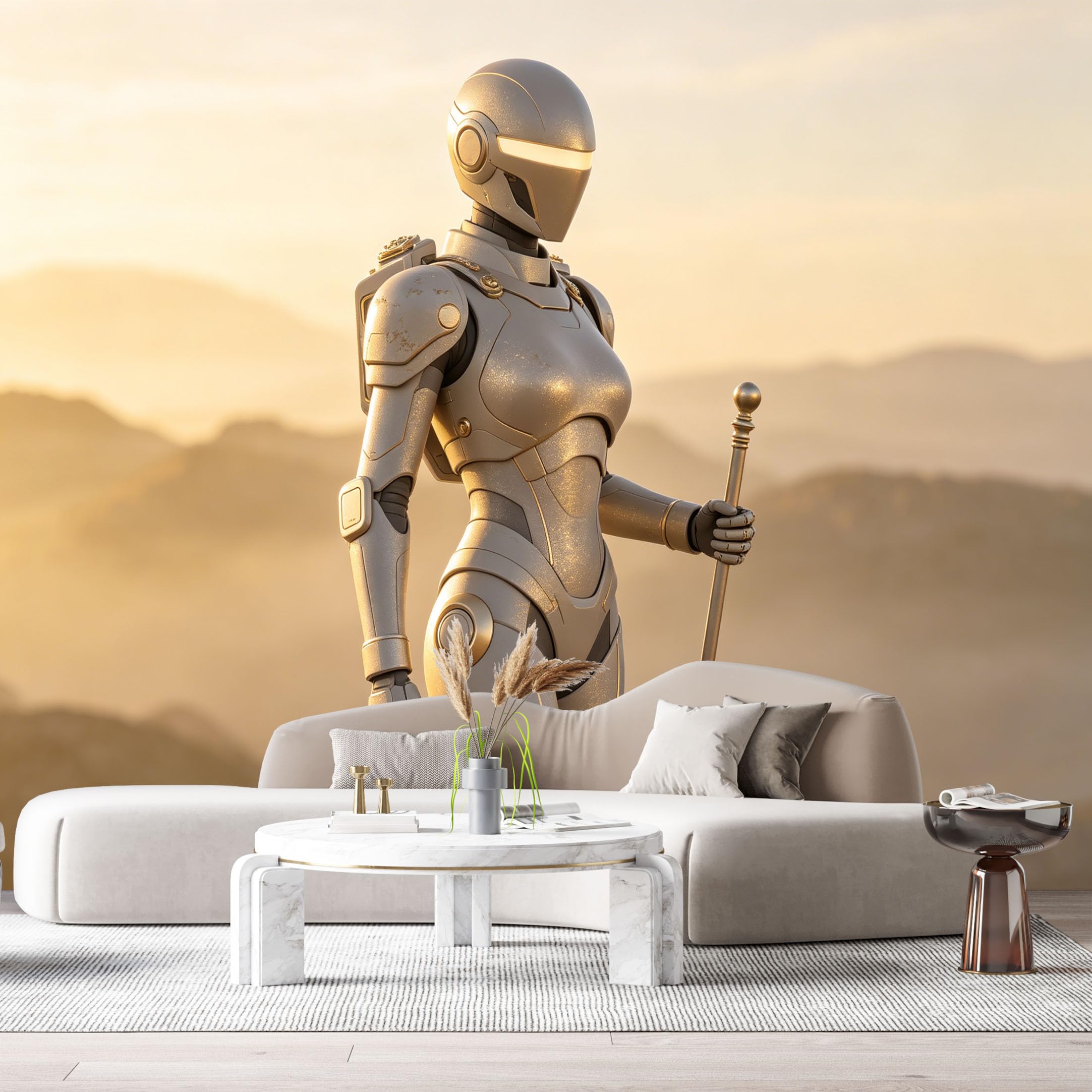 Custom Size Wall Mural Futuristic Humanoid Mech Warrior SciFi Robot Metallic Armor 3D Realistic Style SelfAdhesive Art Prints Removable Large Wallpaper Esports Room Game Room Studio
