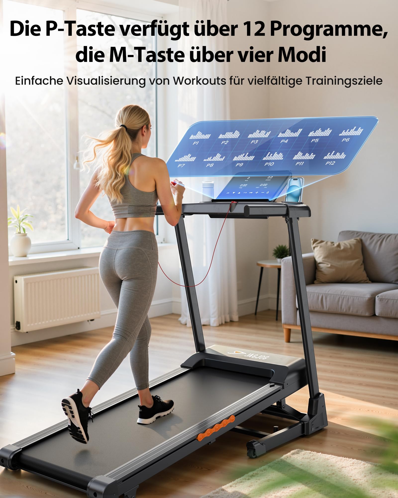 JAGJOG Laufband mit 15% Auto-Steigung und leisem 3-PS-Motor | 1-14 km/h, 12 Programme, LED-Anzeige, klappbar und bis 136 kg