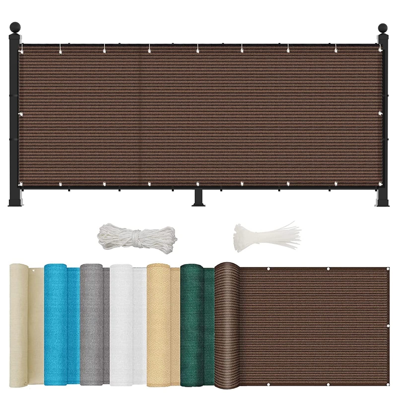 Brise-vue pour balcon 110x800 cm en HDPE marron avec oeillets et cordons pour occultation extérieure