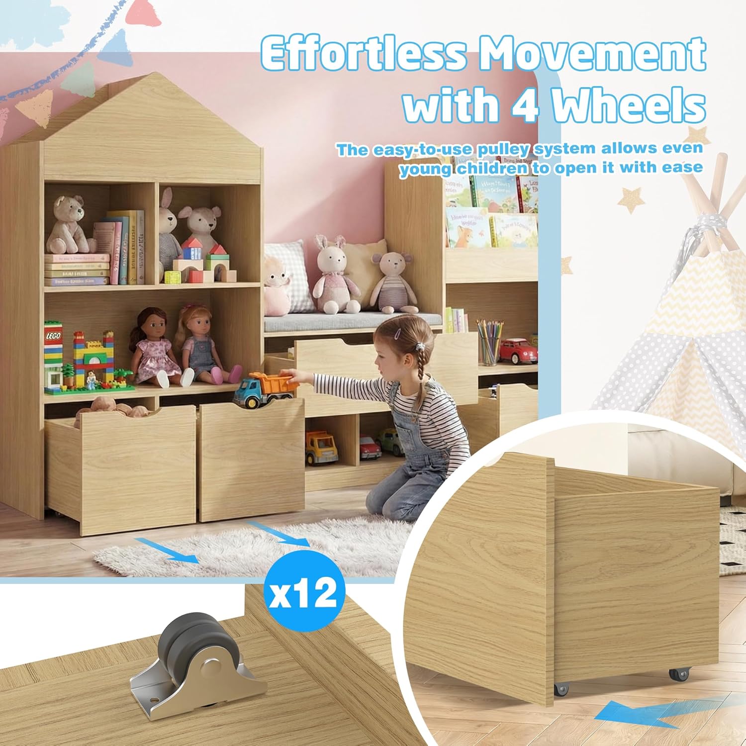 72" Kids Castle Bookshelf with Reading Nook, Large Toy Storage Organizer with Seat Cushion, 4 Drawers, Wheels, Kids Bookshelf and Bookcase w/8 Cubbies for Playroom, Nursery, Bedroom (Burlywood)