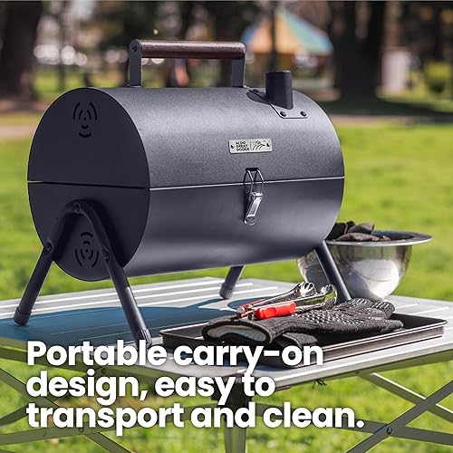 Miniatura 7 de Mini parrilla de carbón portátil y pequeña barbacoa de mesa - Parrilla de viaje para campamento para balcón - Estilo barril con plancha y juego de