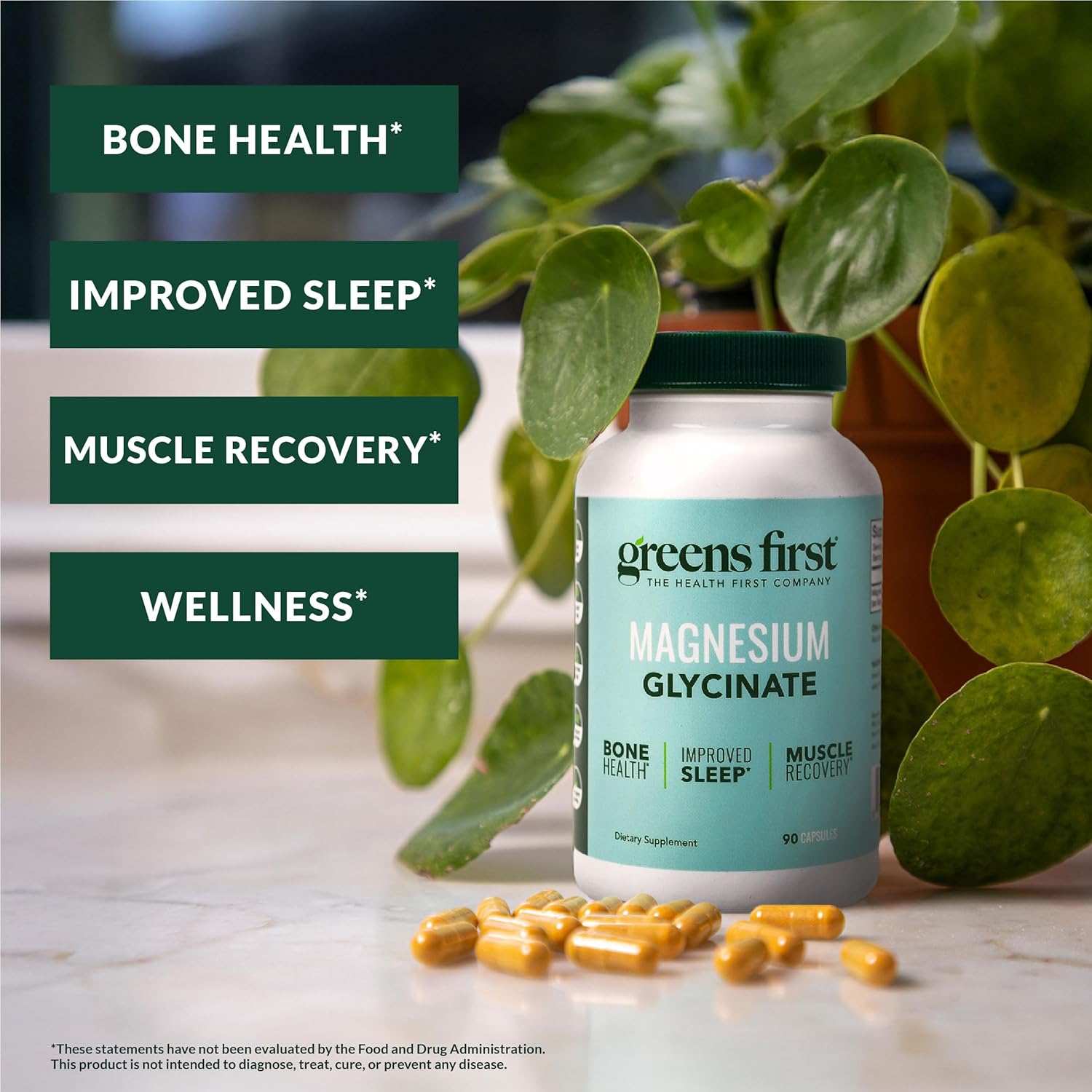 Greens First Magnesium Glycinate Supplement - May Support Heart Health, Muscle Health, and Support Metabolism - Better Absorption Rate - 90 Vegetable Capsules