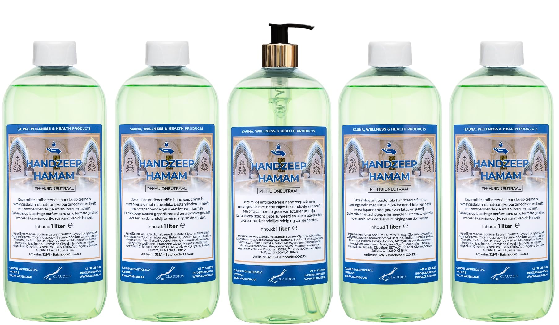 Handseife Hamam 5 x 1 Liter mit goldener Pumpe (transparent)