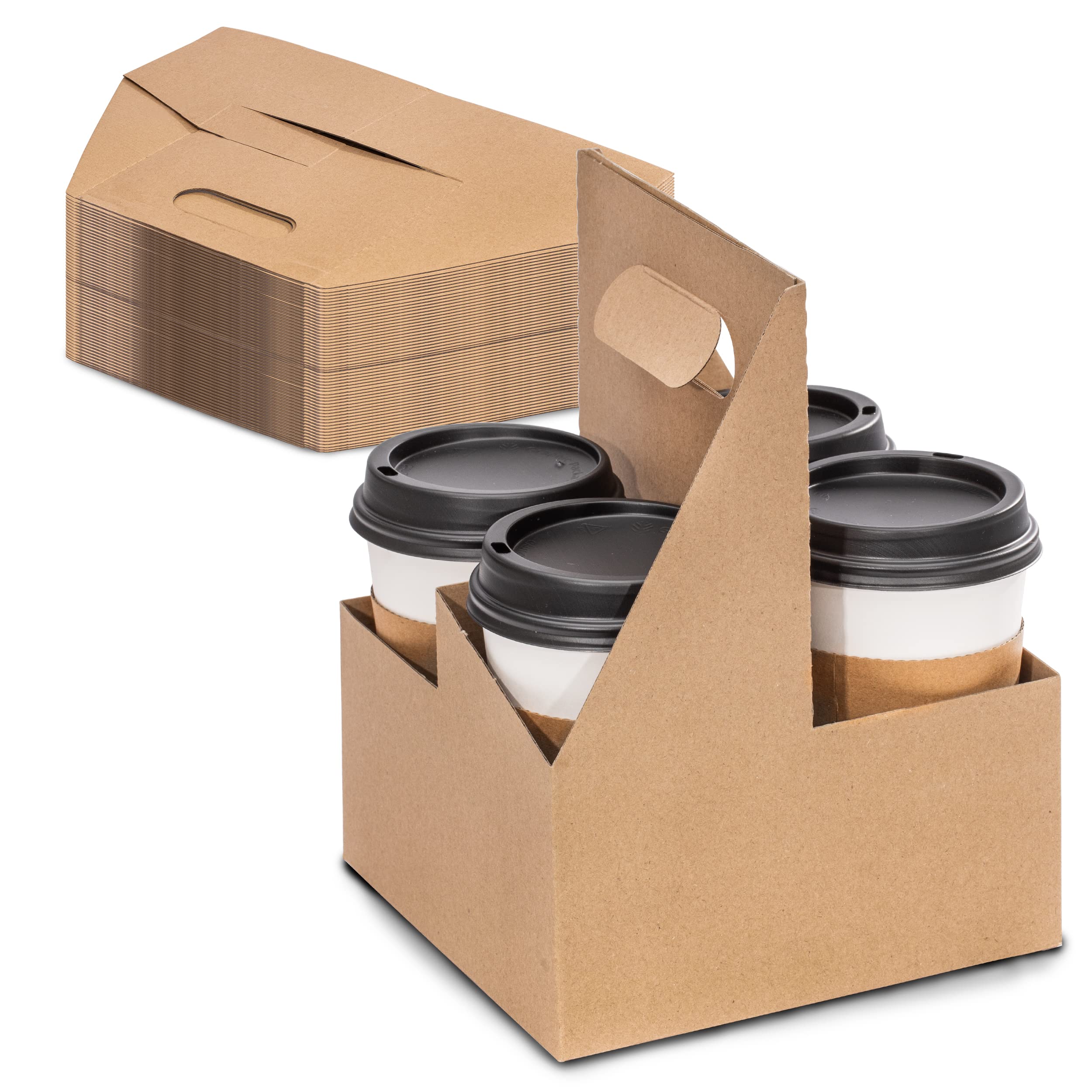 FMP Brands 4 Cup Disposable Drink Carrier with Handle, 200 Pack Kraft Paperboard Handled Cup Carrier, 12-30 oz to Go Coffee Cup Holder, Cold Hot Drinks, Takeout, Cafe and Restaurant