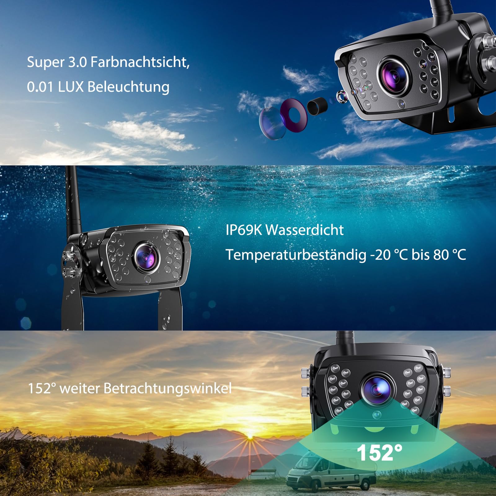 eRapta 7'' Kabellose Digital Rückfahrkamera Set, IP69 Wasserdicht, Nachtsicht für Wohnmobile Anhänger LKW