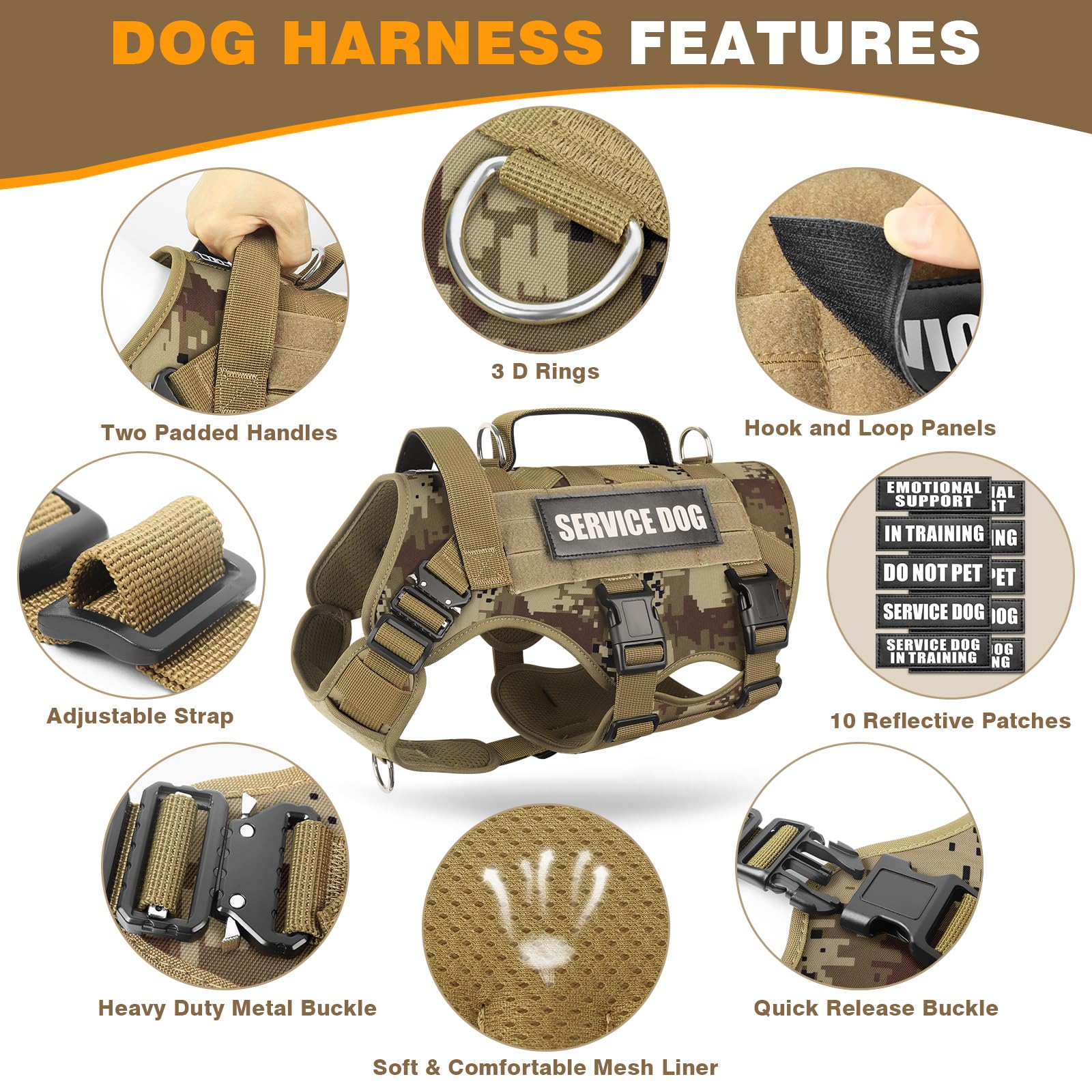 WINSEE Arnés táctico para Perro con Correa para Perro, Chaleco MOLLE de Trabajo de Servicio con 10 Parches para Mascotas, arnés Militar sin tirones y Mochila para Entrenamiento, Caza y Caminata