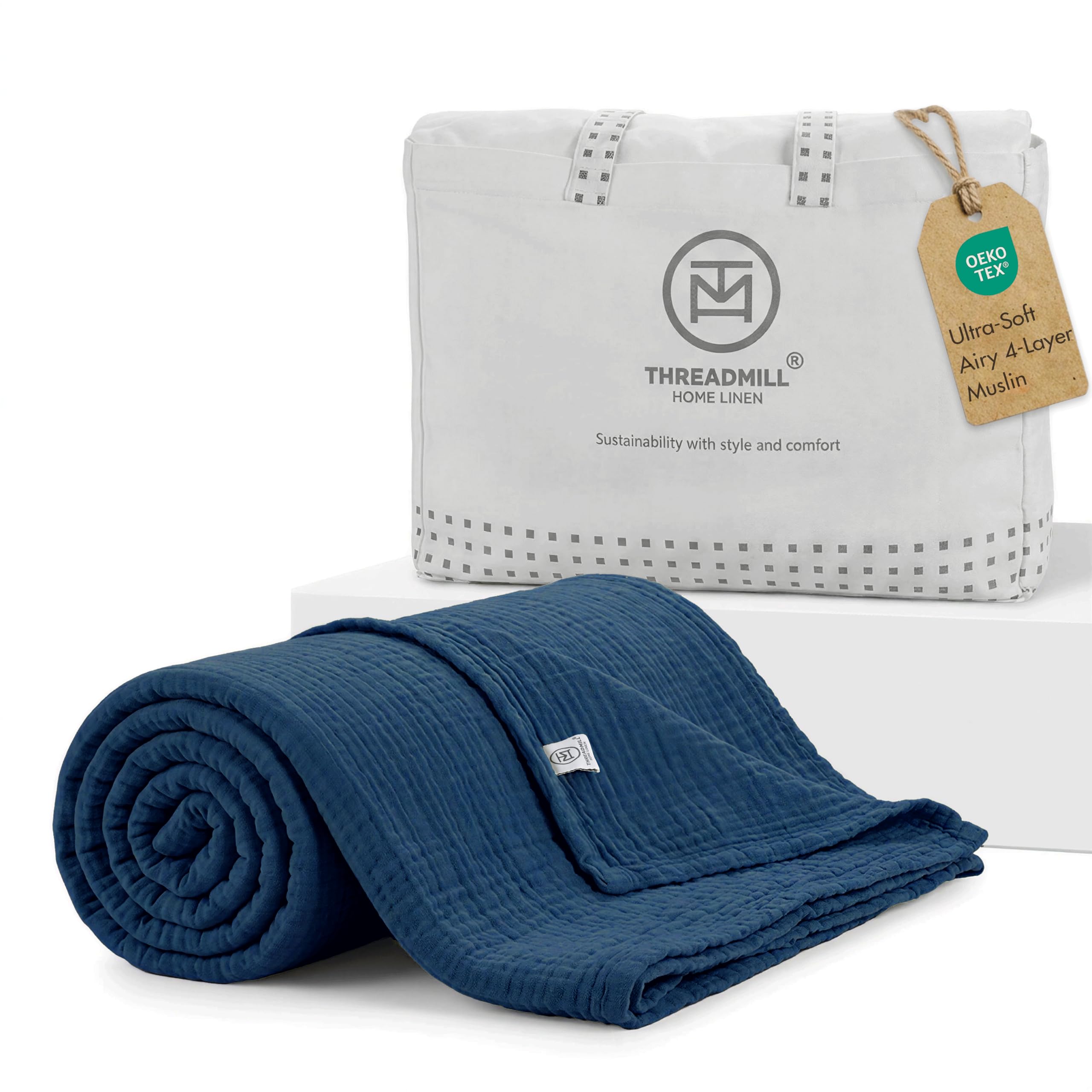 Threadmill Cotton King Blanket, Muslin, Folkstone Blue, 4-Layer Gauze Weave โ image 1