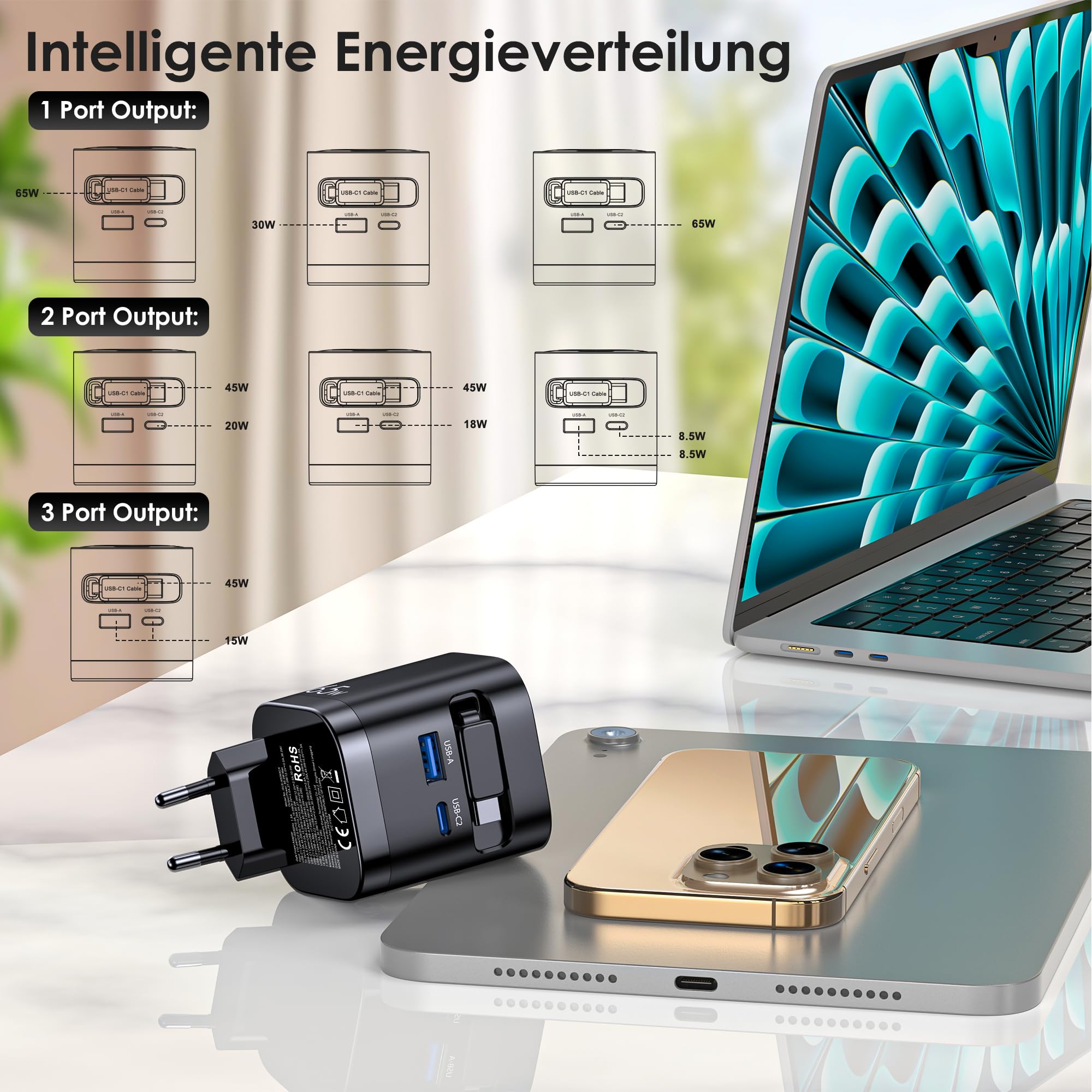 Caricatore USB C da 65 W a 3 porte con cavo retrattile, adattatore portatile GaN Power per MacBook Pro/Air, iPhone 17/16/15/14, per Samsung Galaxy S26/S25/S24, iPad, laptop, telefoni cellulari