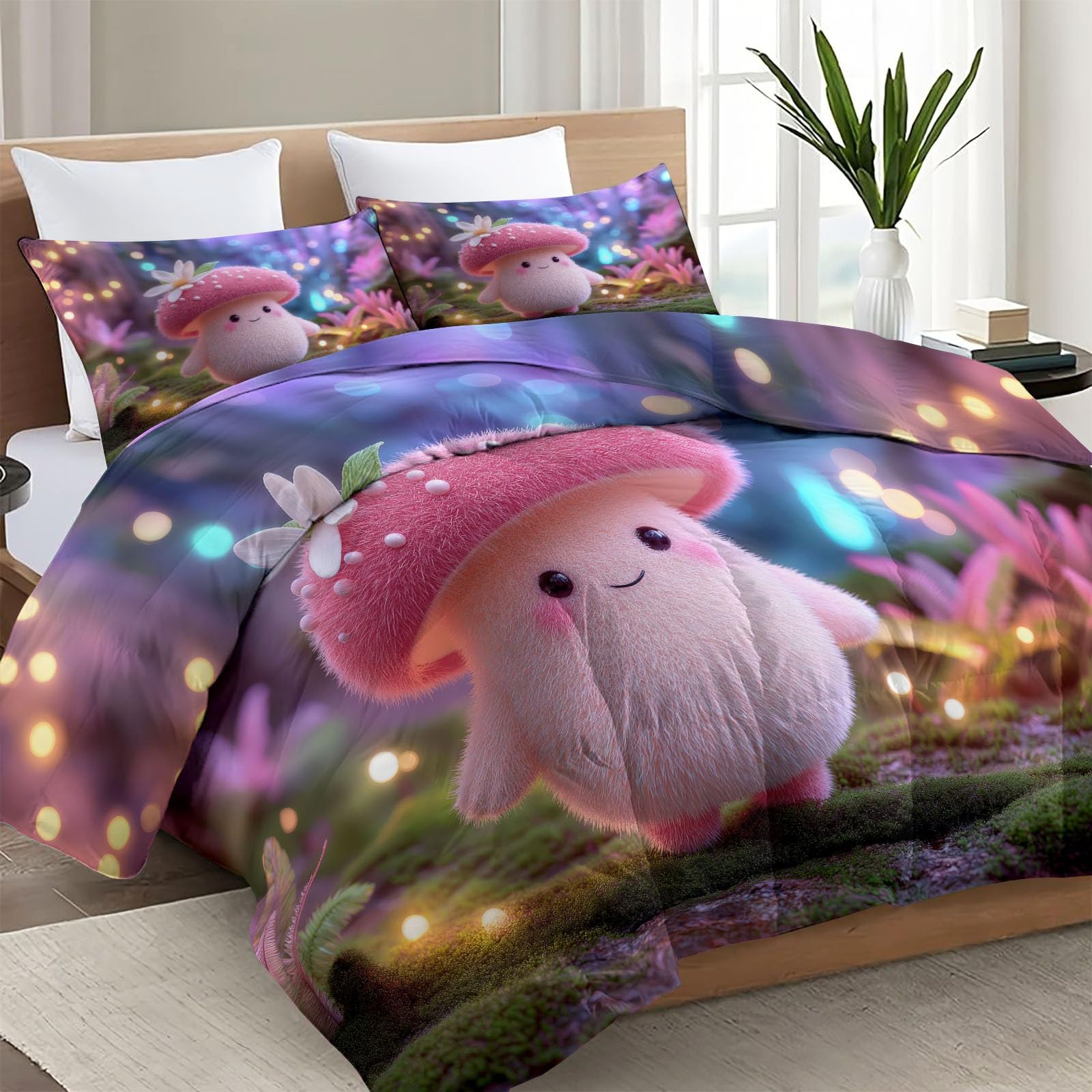 Genérico Kołdra Łóżko 135 x 200 cm, Fantasy Las Grzyby Różowy Nadruk 200g/m² - Dwustronna narzuta bez pokrowca na każdą porę roku, miękkie i oddychające wypełnienie
