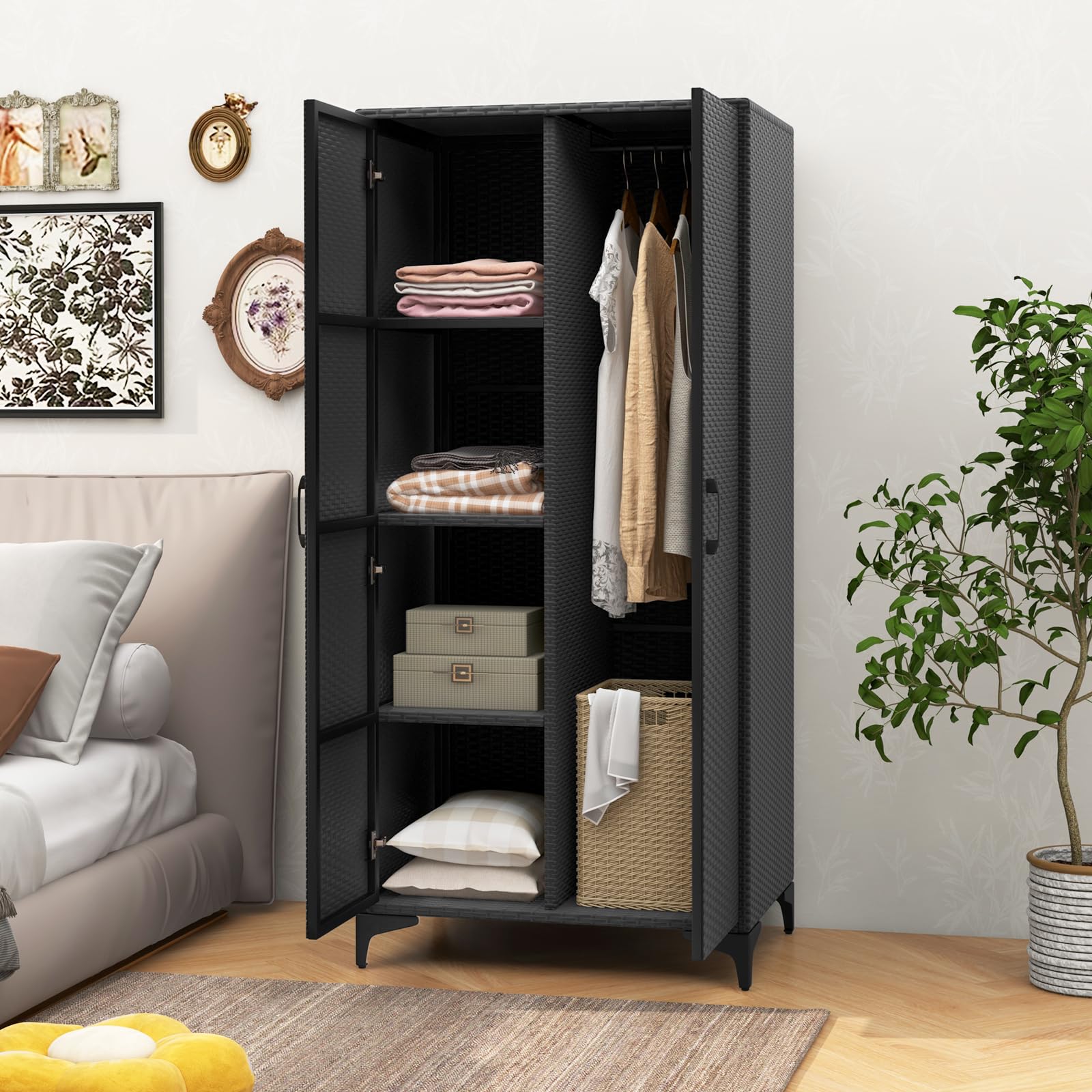 KOMFOTTEU Armario de Jardín de Ratán, Armario Alto con Barra para Colgar y 4 Cubos, Mueble de Almacenamiento con Puertas Dobles y Dispositivo Antivuelco, 72 x 50 x 157 cm (Negro)