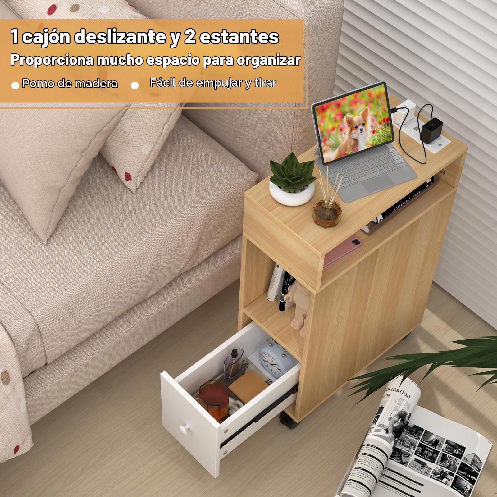 Mesilla de Noche Estrecha con Estación de Carga, Mesita de Noche con Puertos USB, Mesita Auxiliar con Cajones y Estante, Mesita de Noche Para Habitaciones Pequeñas, Mesa Auxiliar con Ruedas