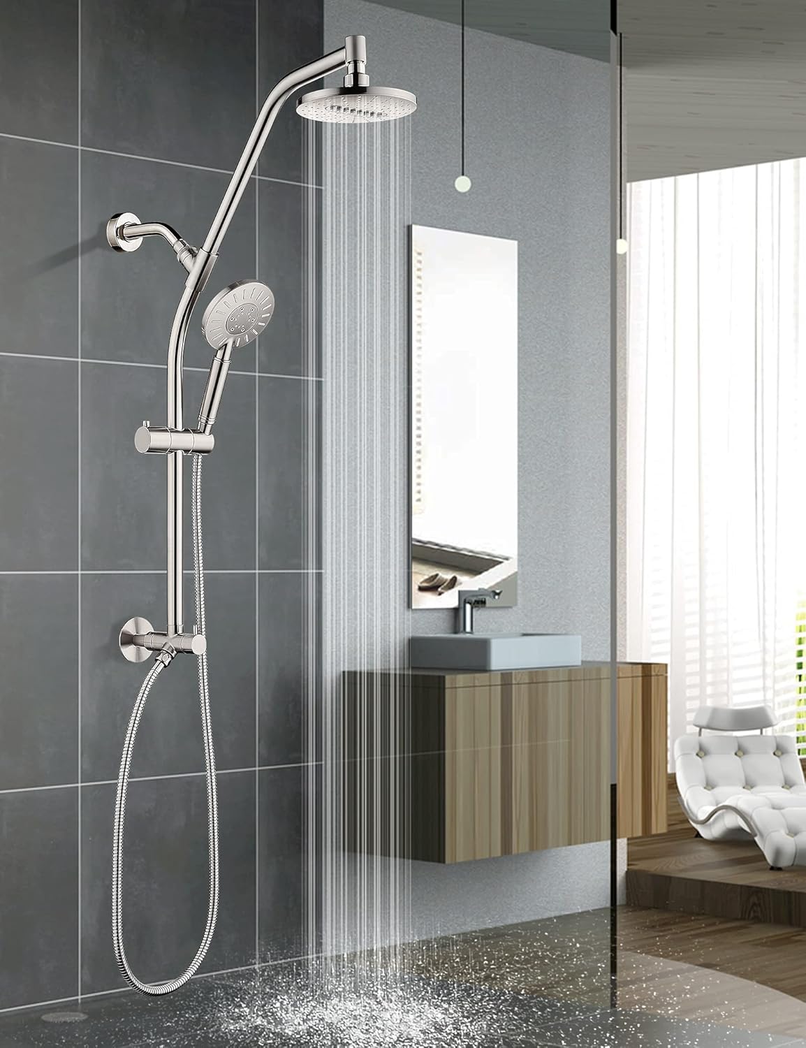Rain shower heads combo with high pressure handheld shower head Brass Shower Column - Height Adjustable Slider Brushed Nickel - - 