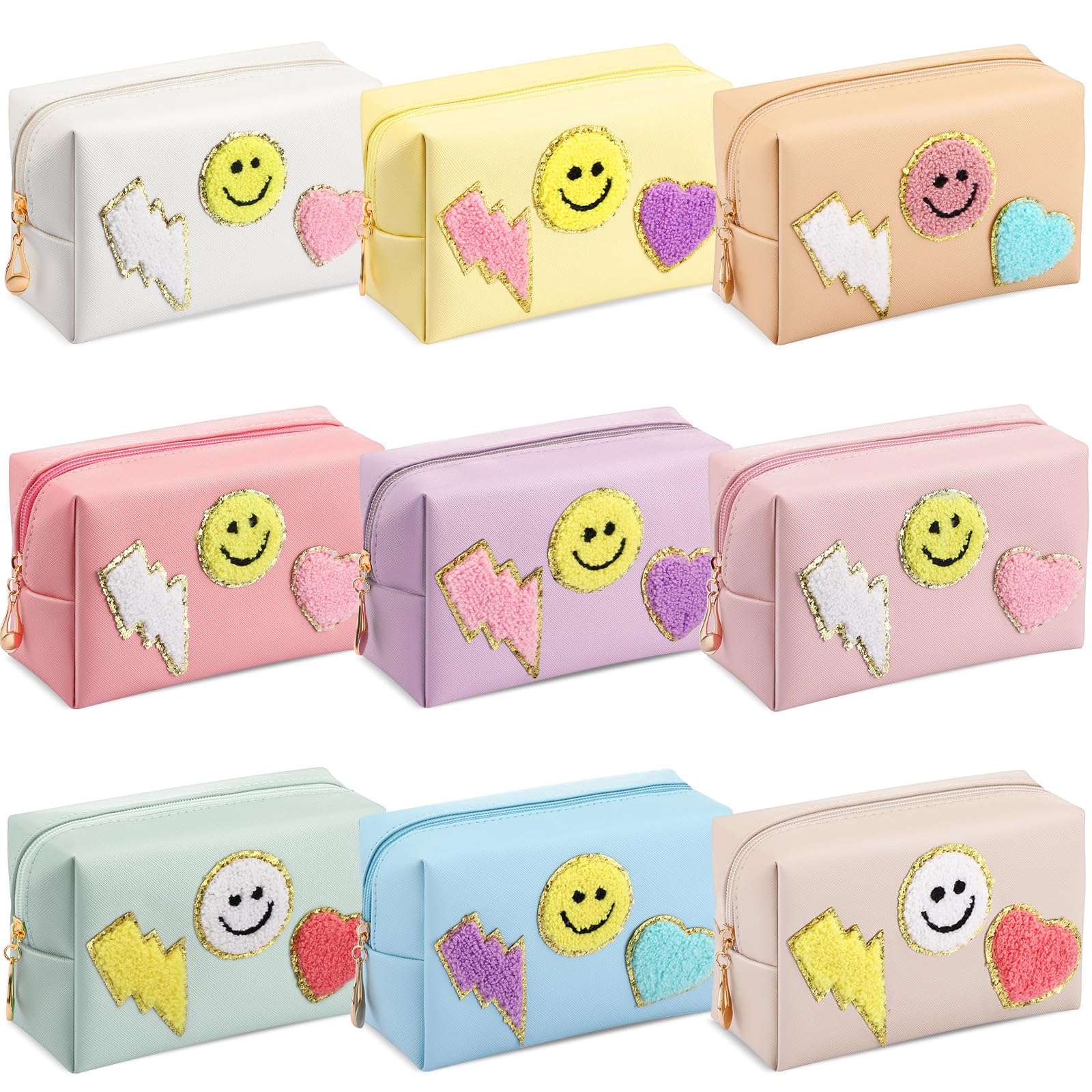 Chunful 9 Pcs Preppy Makeup Bag Cosmetic Bag Bulk Christmas Gifts for Women Chenille Letters Patch PU Leather Waterproof Toiletry Travel Case Pouch(