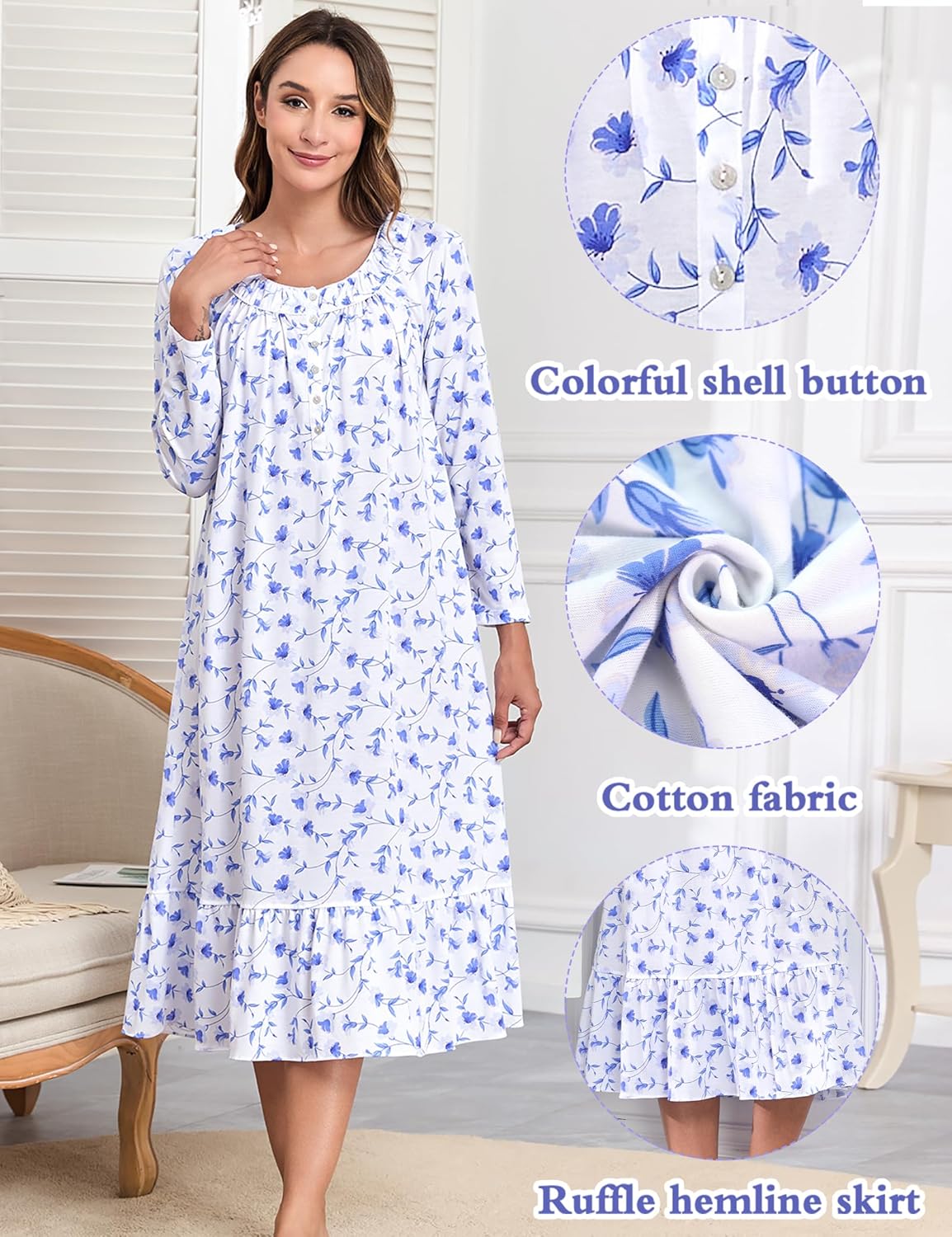 MZROCR Cotton Nightgowns for Women Soft Long Sleeve Night Gowns for Adult Women Comfy Night Shirts Lightweight SleepwearBlue morning glory on white Small - Image 3
