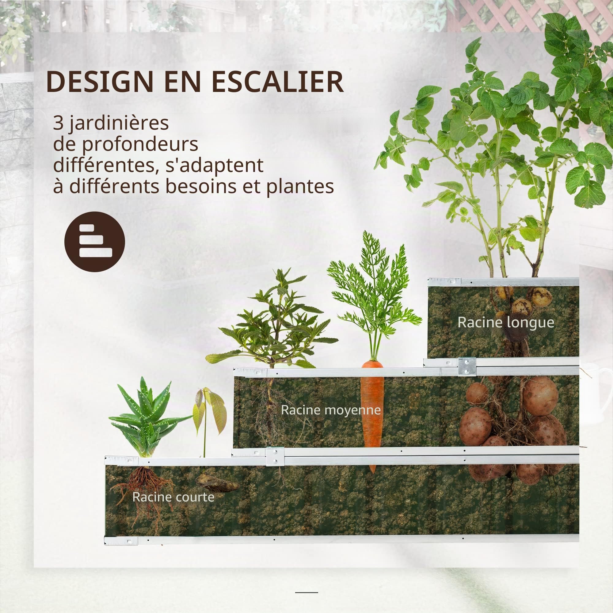 Outsunny Plate-bande surélevée en acier à 3 niveaux avec panneaux en forme de T, gants, parterre de plantes, escalier de fleurs, pour balcon, jardin, gris foncé 118 x 118 x 62 cm
