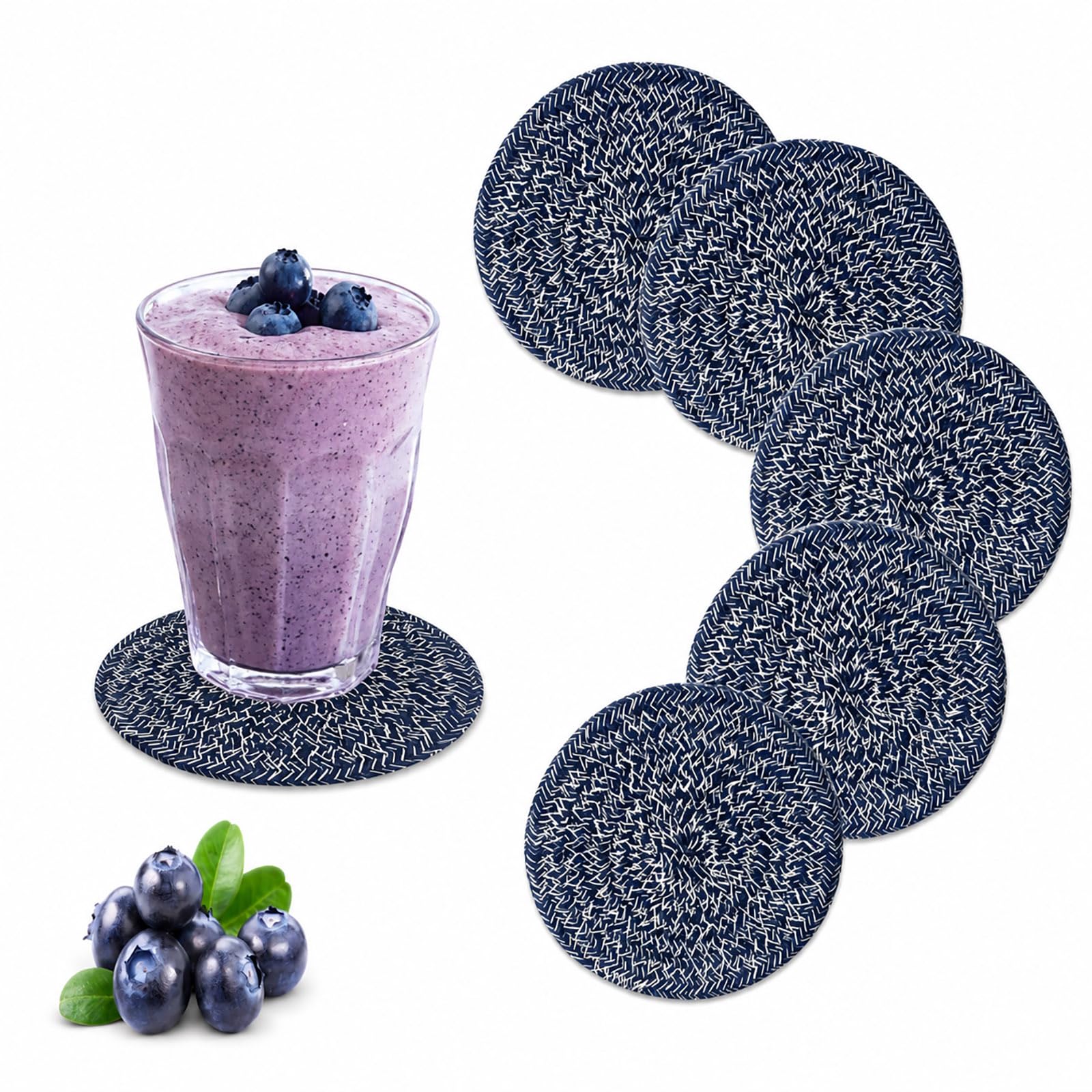 Absorbent Coasters for Drinks Set of 6, Woven Coaster Set, Soft Washable Drink Coasters,Small Cute Braided Placemats (navy blue)