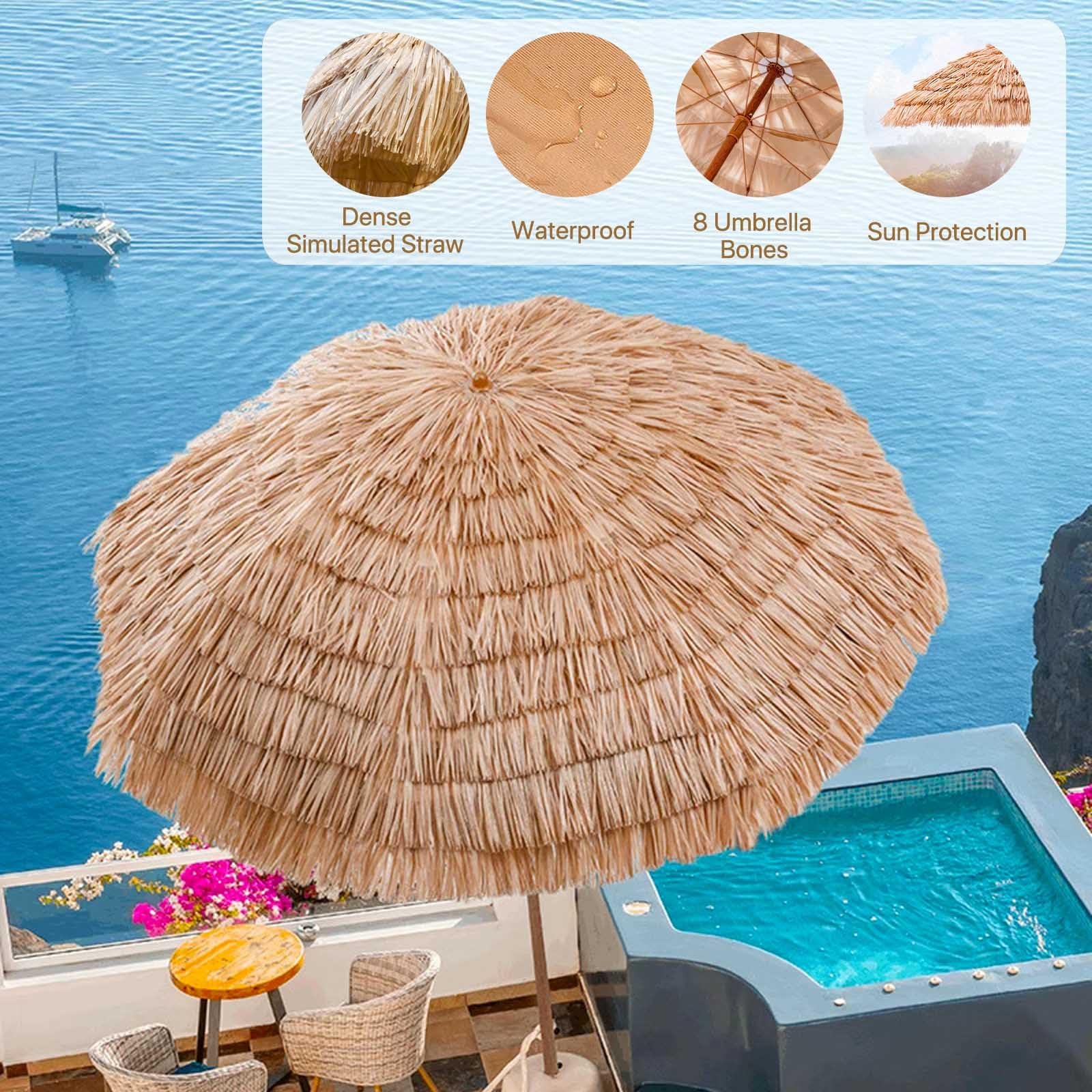 Przenośny hawajski parasol plażowy Tiki, 1,8 m, regulacja wysokości, ochrona przed promieniowaniem UV, do piasku, patio, basenu, do użytku na zewnątrz, z torbą do przenoszenia