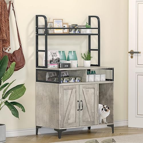 Miniatura 5 de Fulvari Caja de arena oculta para gatos con almacenamiento de estantes, gran caja de arena de madera para gatos, muebles ocultos con almacenamiento,