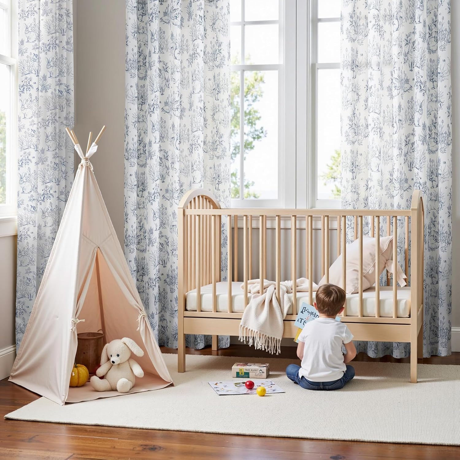 jinchan Linen Nursery Curtains 90 inch Long Woodland Wildlife Blue Print Drapes for Kid's Room Light Filtering French Country Farmhouse Curtains with Bunny and Forest Design Set of 2 Panels