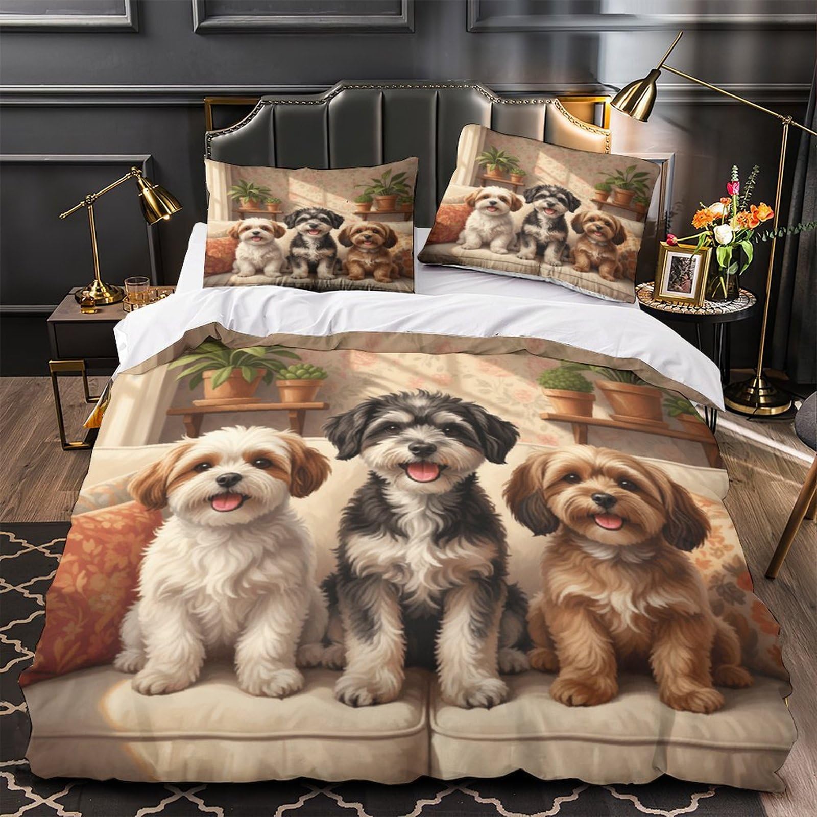 Housse de Couette Chien Mignon 135x200 Parure Lit 1 Personne
