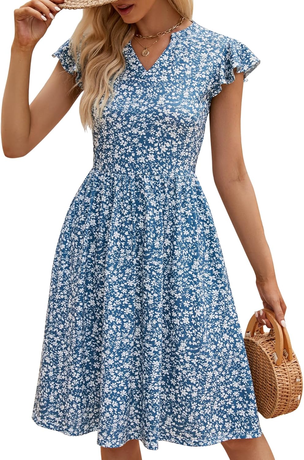 YATHON Casual Dresses for Women 2025 Cute Summer Floral Fit and Flare Cap Sleeve A Line Knee Length Dress with Pocket