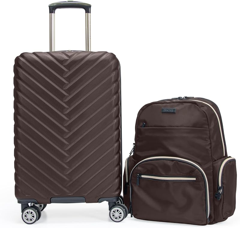 Madison Square Lightweight Hardside Chevron Expandable Spinner Luggage, Chocolate Brown, 2-Piece (20" Carry On + Sophie Backpack)