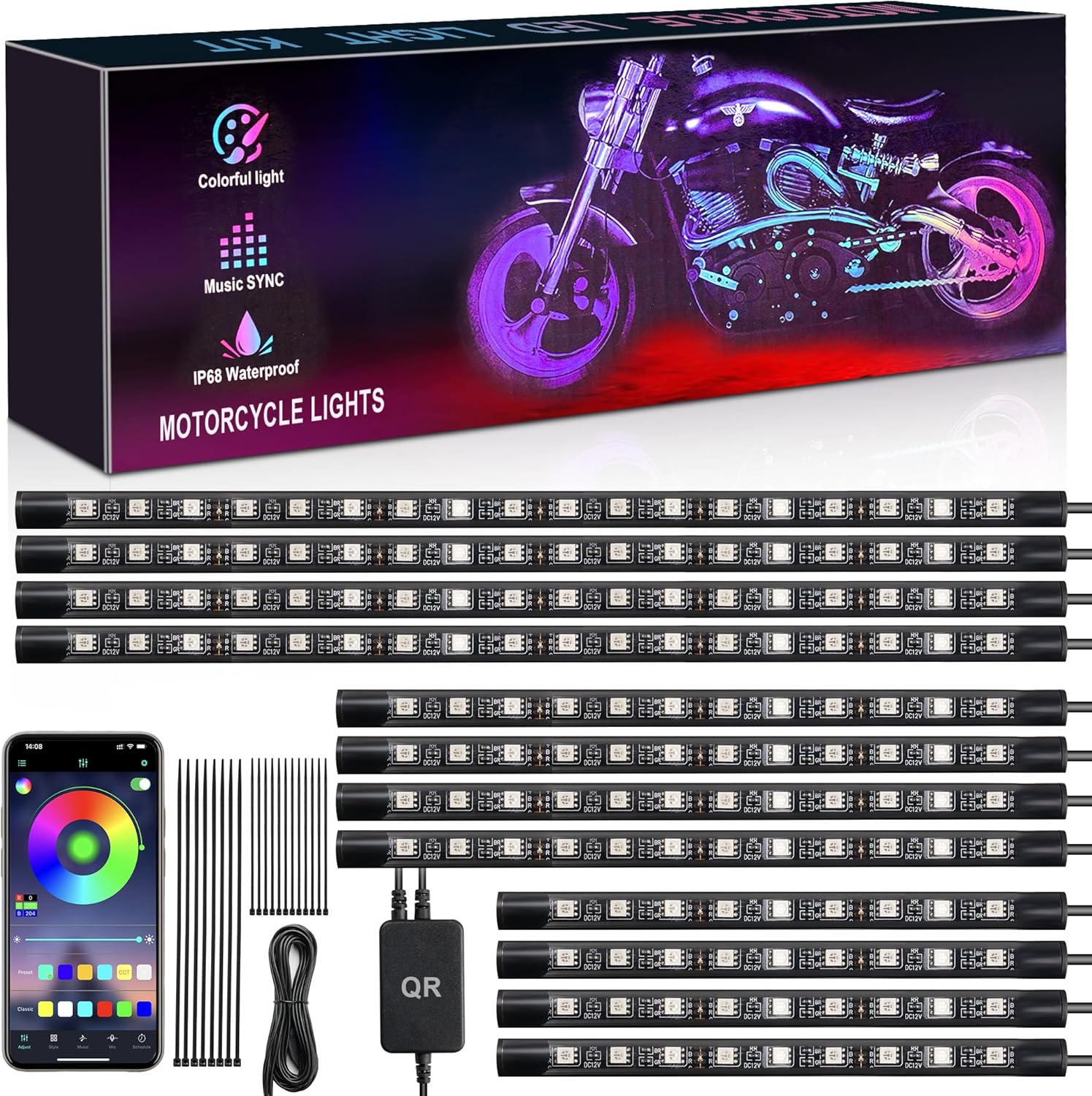 12PCS RGB Motorcycle LED Underglow Lights Kit with App Control Fits Harley Davidson Honda Kawasaki Suzuki