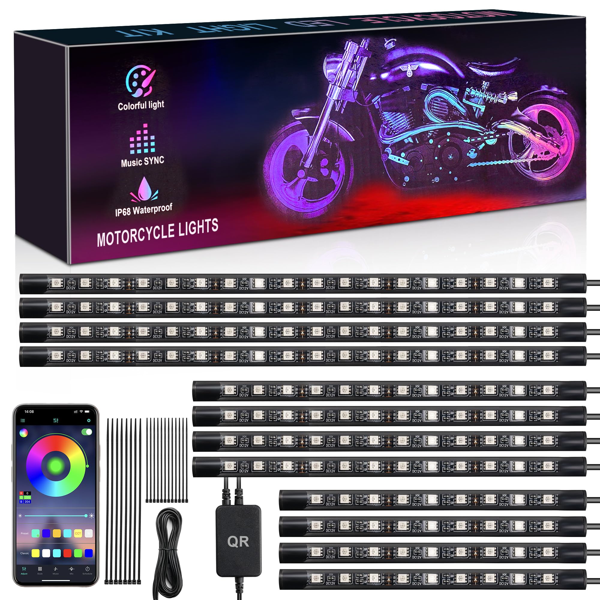 12PCS RGB Motorcycle LED Underglow Lights Kit with App Control Fits Harley Davidson Honda Kawasaki Suzuki