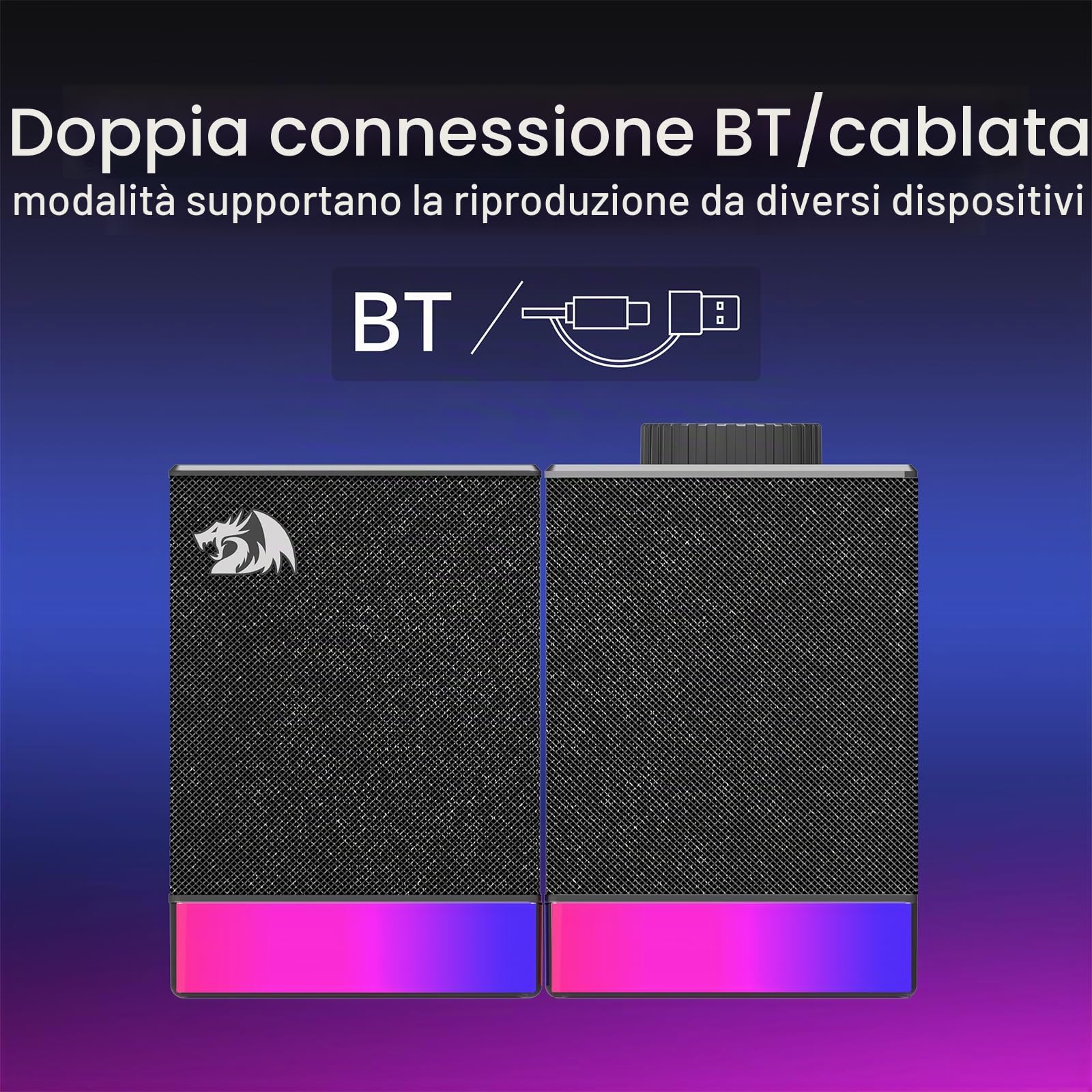 Redragon GS517 - Altoparlante per computer RGB, sistema audio stereo 2.0 con doppia connettività BT e USB, 8 effetti di illuminazione RGB, comandi touch e manopola del volume, perfetto per giochi e