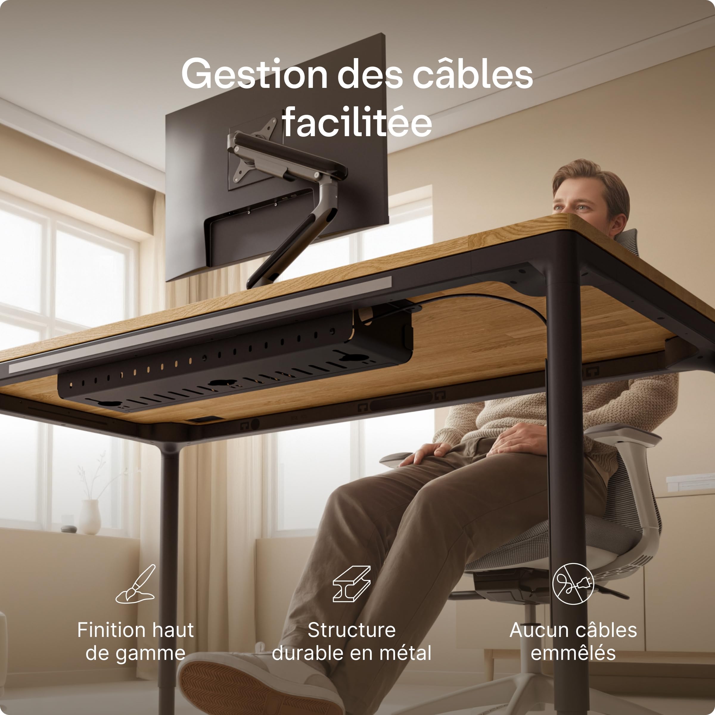 Cable Management Pro – Plateau de Gestion des câbles sous Bureau avec multiprise intégrée, Organiseur de câbles en Acier avec Couvercle magnétique, Design ventilé, Installation Facile