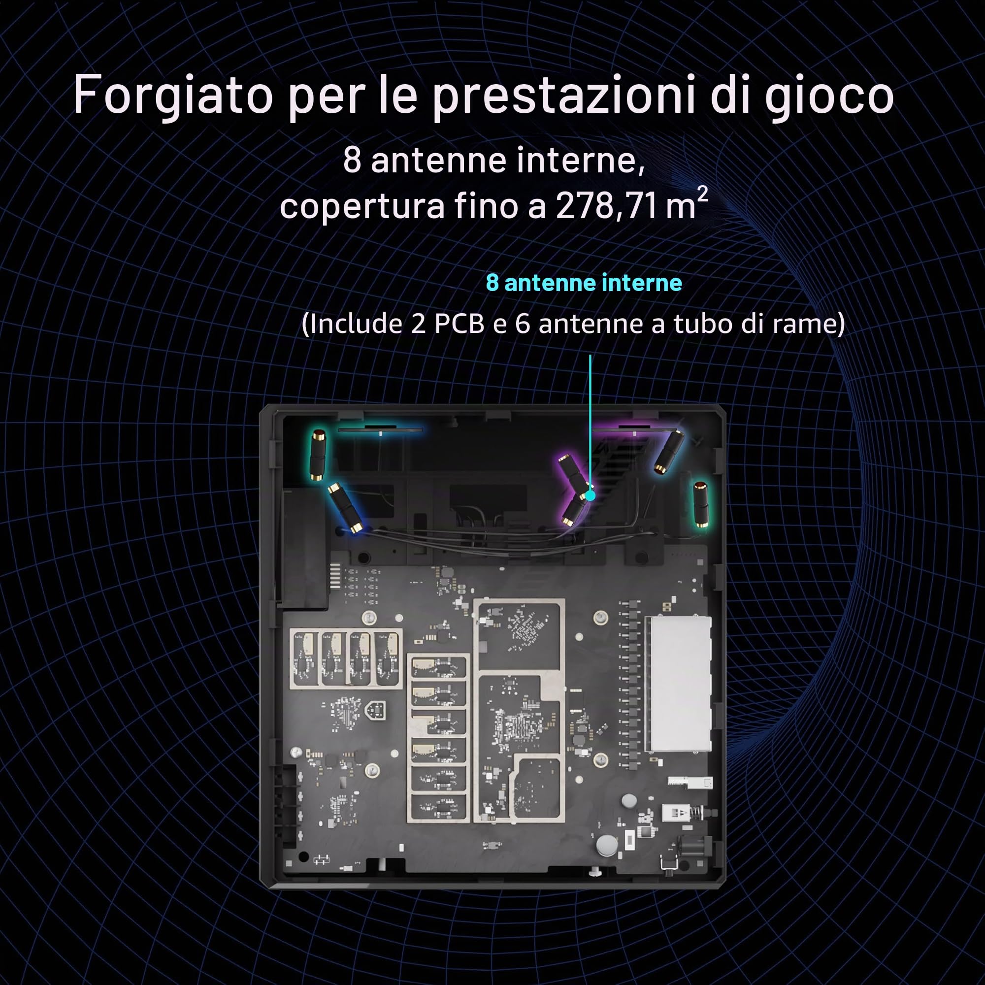 ASUS ROG Strix GS-BE12000 WiFi 7 Tri-Band Router, 12000 Mbps, Capacità cablata 20G, copertura 3.000 mq, CPU Quad-core 2.0GHz, accelerazione di gioco, sicurezza a triplo livello, compatibile AiMesh