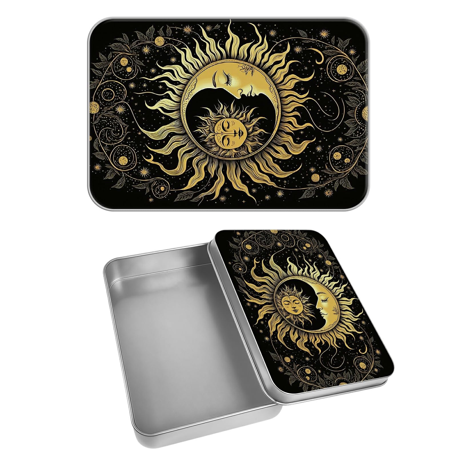Rectangular Metal Tin Box with Removable Lid, Gothic Moon Sun Decorative Printed Metal Storage Container for Cards, Diaries, Home Organization 4.53 x 3.35 x 0.86 inch– Single Pack