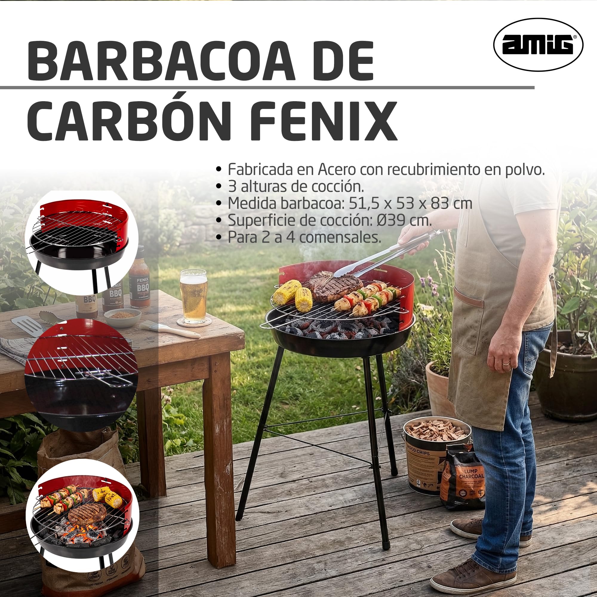 Amig - Barbacoa de carbón - 57 x 54 x 84 cm - Negro - Fabricado en Acero - Jardín y patio - para terraza y balcón con tamaño ajustado a espacios pequeños uso práctico y mantenimiento fácil. Mod. FENIX