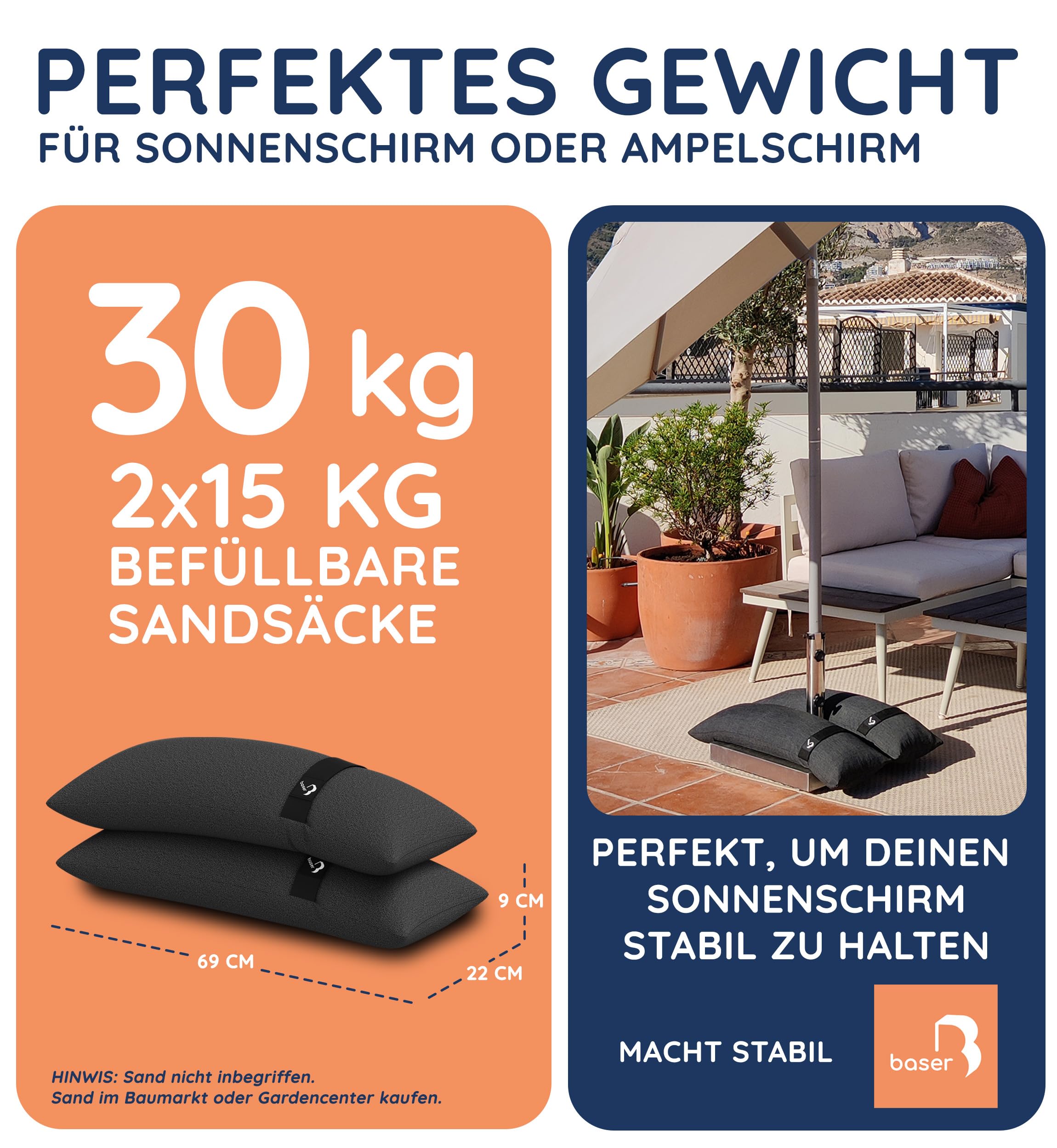 Baser Original Befüllbare Sandsäcke für Sonnenschirmständer, Wetterfeste Gewichte für Gartenmöbel & Trampolin, Recyceltes Polyester Wasserabweisend