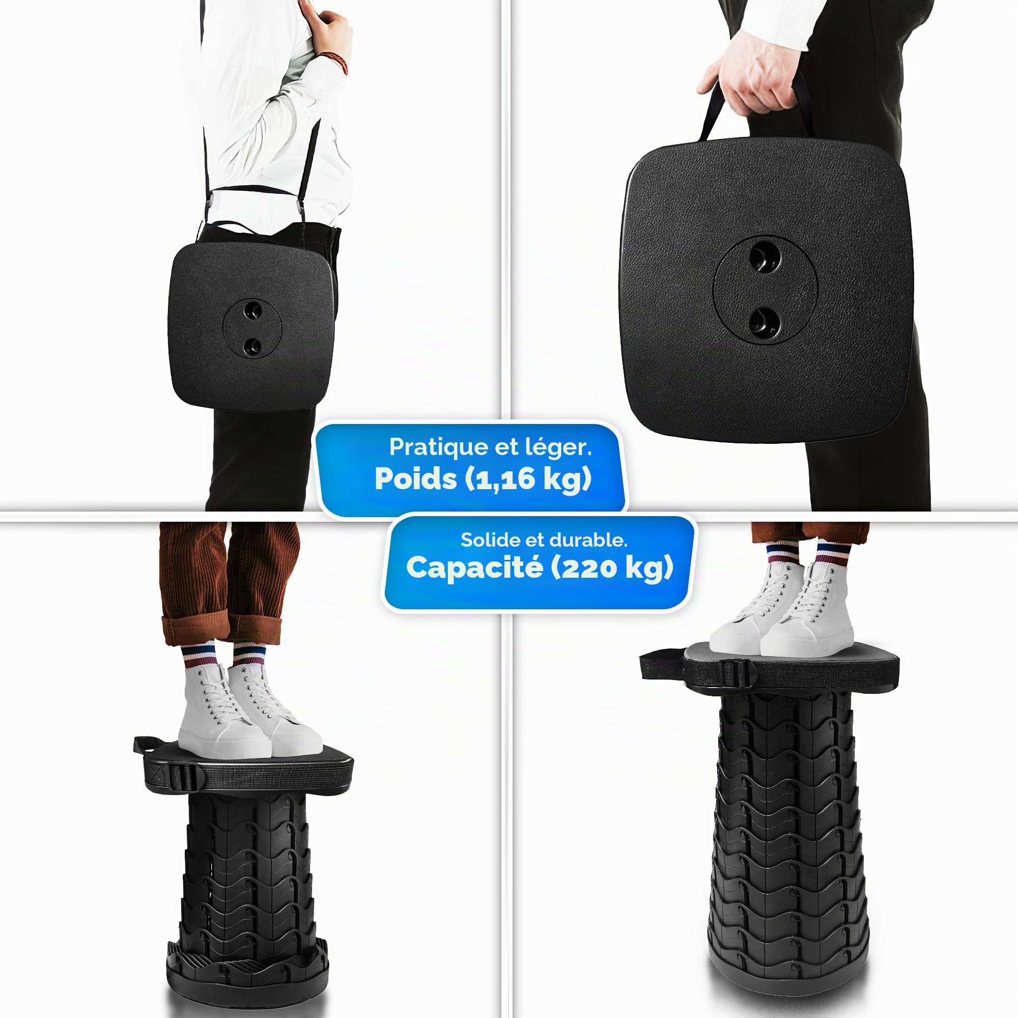 Tabouret Pliant Portable avec Coussin Confort – Siège Télescopique Réglable en Hauteur, Léger et Robuste – Tabouret Pliable de Camping, Randonnée, Pêche, Jardin, Festivals, Voyage – Charge Max 200 kg