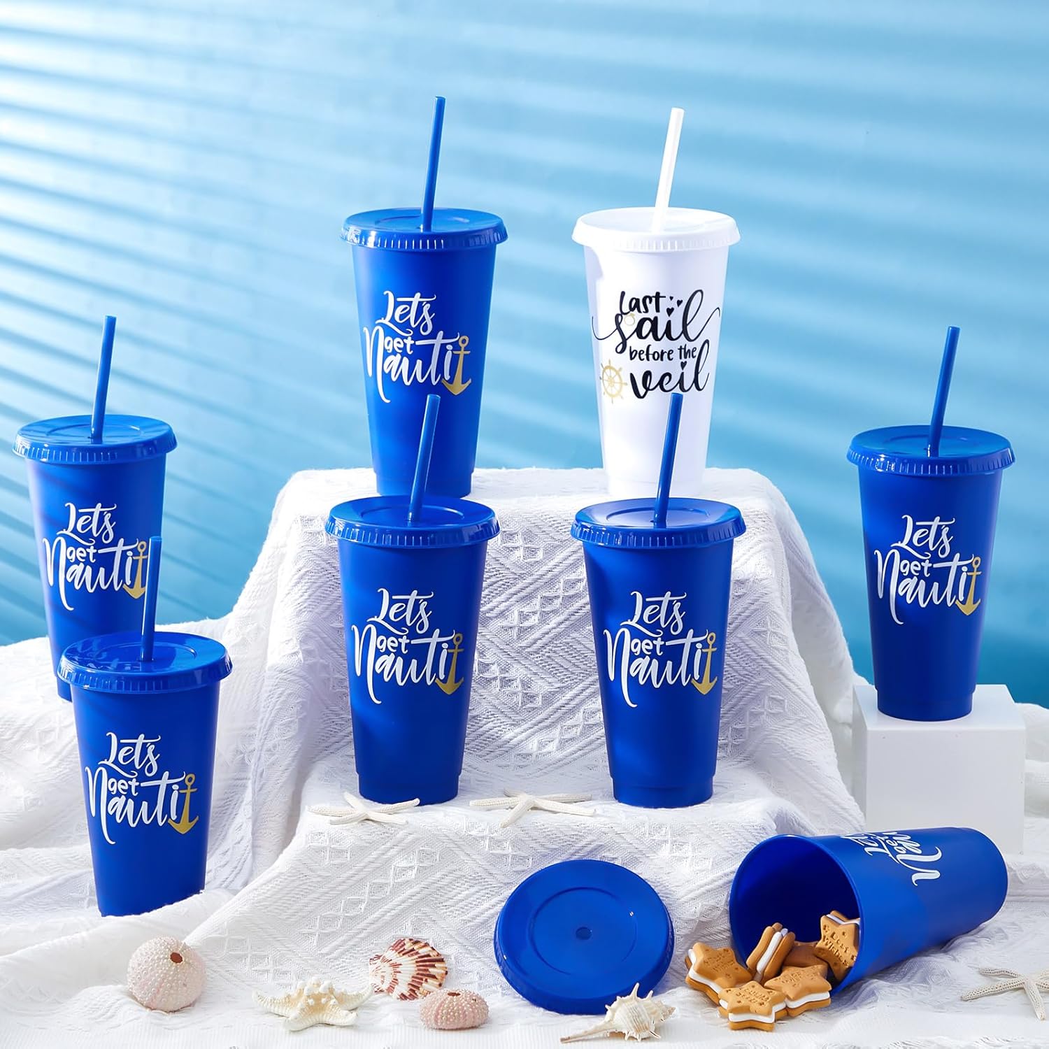 Skyley 16 Pcs Bridesmaid Cups with Lids and Straws 24 oz Bridesmaid Tumblers Plastic Bridal Cups Party Supplies for Wedding Gifts Decorations(Nautical)